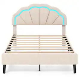 Costway - Full Size Upholstered LED Bed Frame Soft Velvet Platform Bed with Flower Headboard - Beige