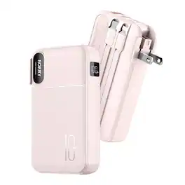 RORRY - 10000mAh 3-in-1 Portable Charger, 22.7W Power Bank with Wall Plug, Built-in Cables, LCD, for iPhone & Android - Pink