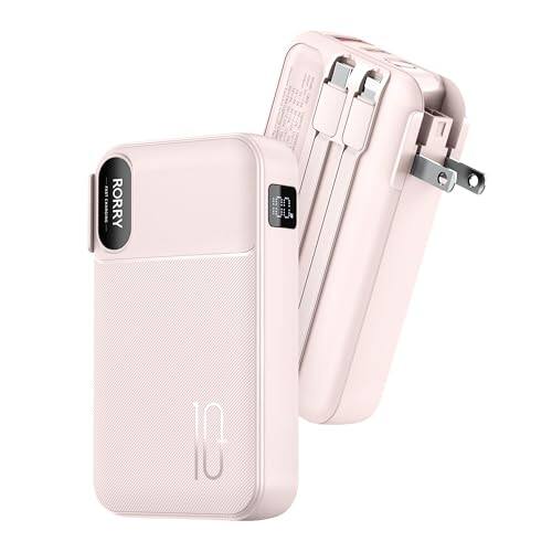 Front. RORRY - RORRY 10000mAh 3-in-1 Portable Charger, 22.7W Power Bank with Wall Plug, Built-in Cables, LCD, for iPhone & Android - Pink.