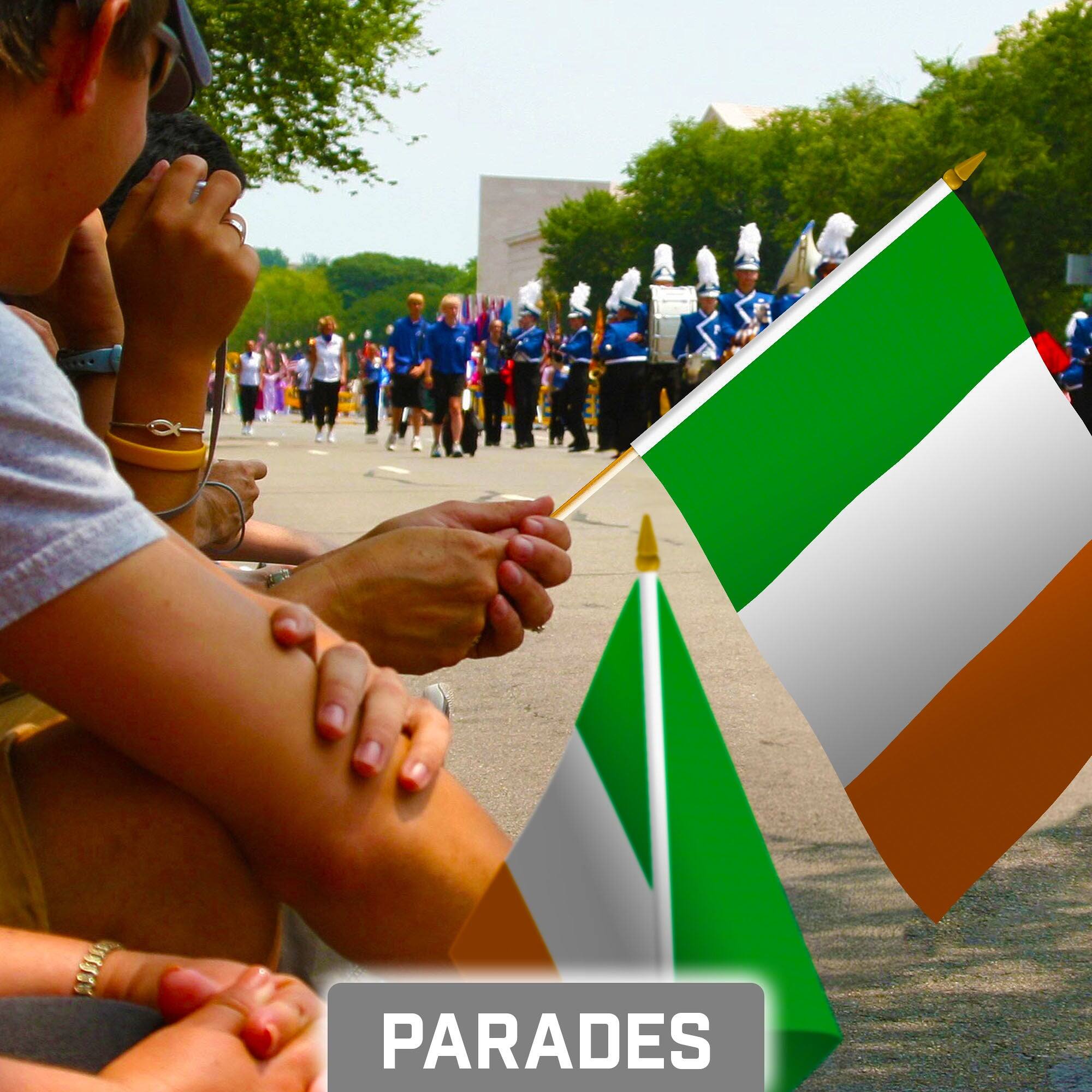 Alt View 1. G128 - 12-Pack Ireland Handheld Stick Flags 8x12 in 150D Polyester Wooden Pole with Gold Spear Tip - Assorted Colors.