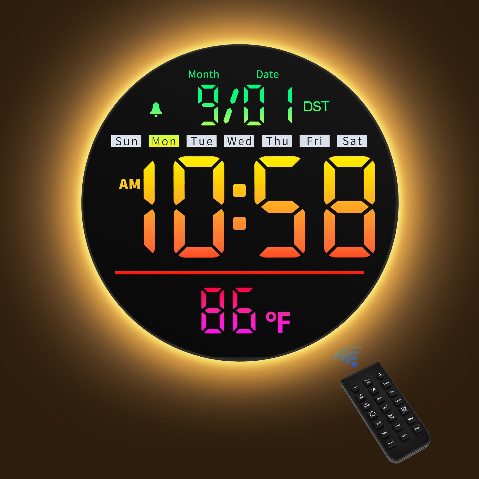 Dazzed Corner - Large Digital Wall Clock with Remote Control, Auto-Dimming - Multicolor