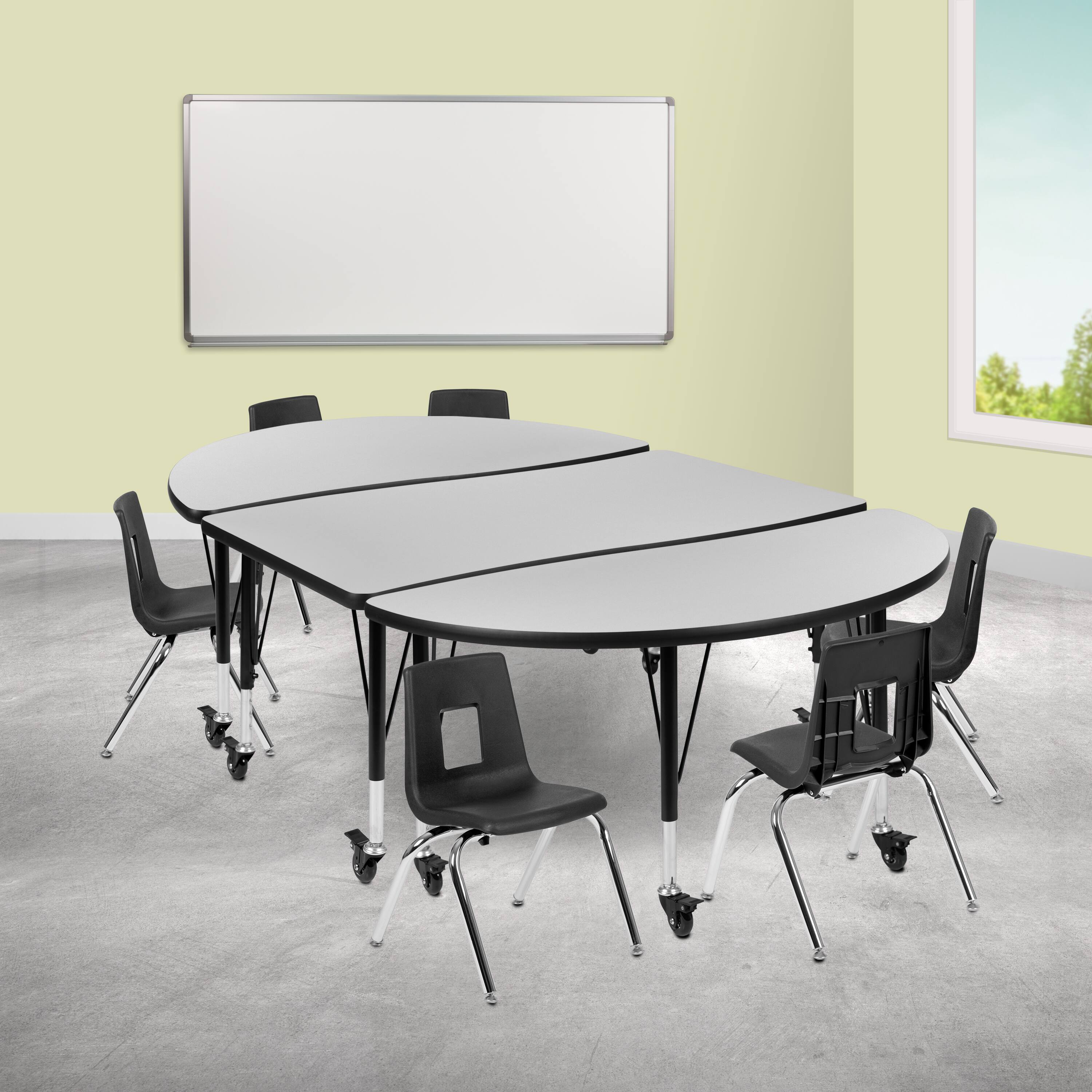"Emma + Oliver - Mobile 76"" Oval Wave Collaborative Laminate Activity Table Set with 12"" Student Stack Chairs, Grey/Black - Gray" price history on PriceWatchPro