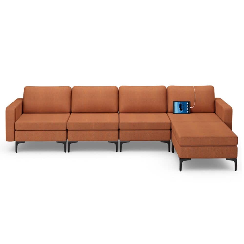 Kadyn - Modular L-shaped Sectional Sofa with Reversible Ottoman and 2 USB Ports-Orange, Sectional Sofa Couch Living Room Sleeper - Orange