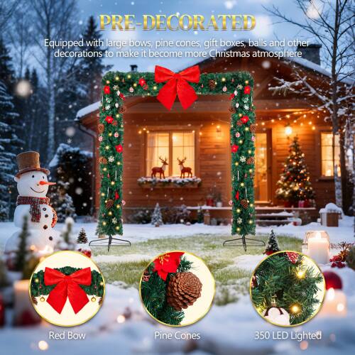 PRE-DECORATED  
Equipped with large bows, pine cones, gift boxes, balls and other decorations to make it become more Christmas atmosphere  

Red Bow  
Pine Cones  
350 LED Lighted