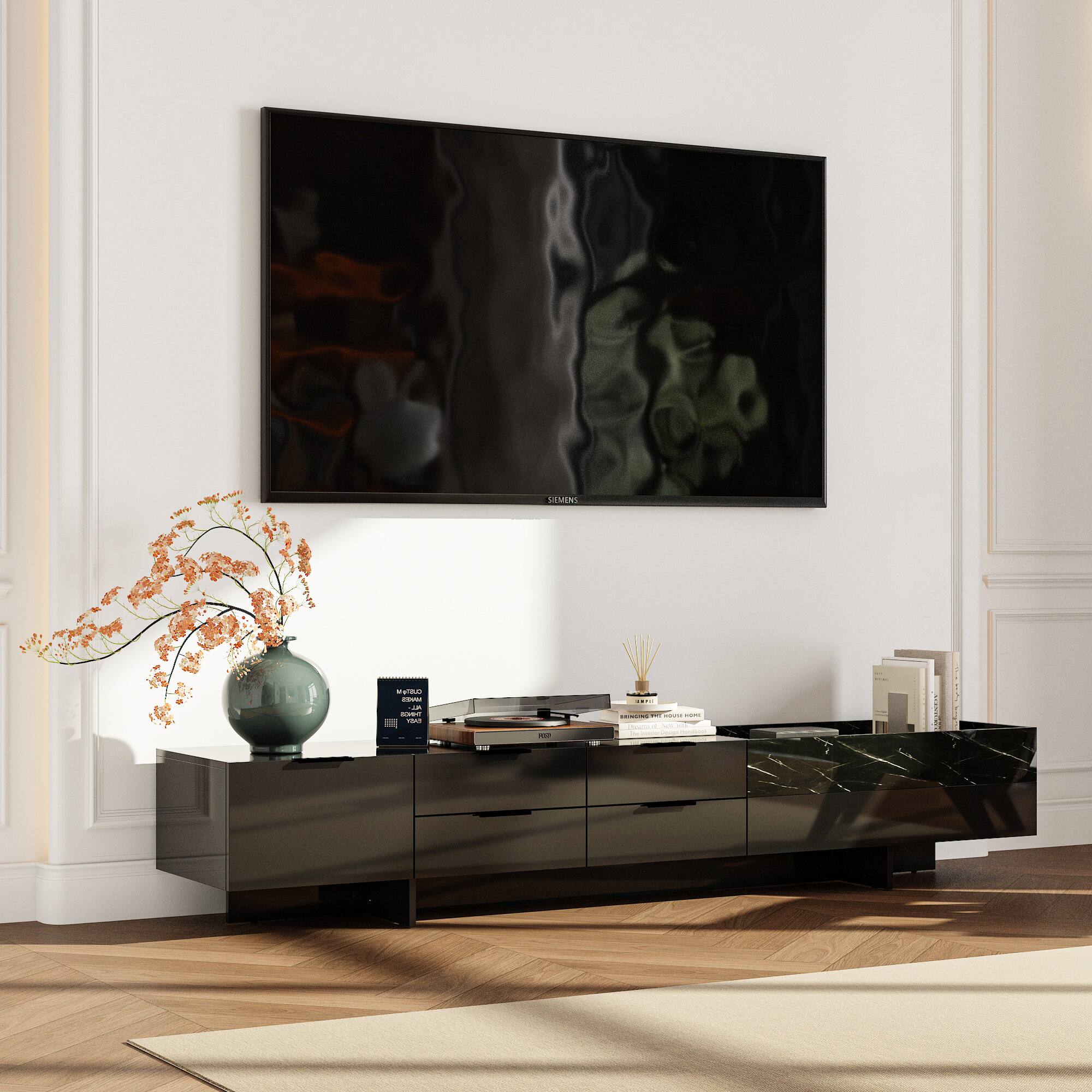 Angle. FUFU&GAGA - Modern High-Gloss Marble TV Stand for 75-Inch TV – Luxury Entertainment Console with Ample Storage - Black.