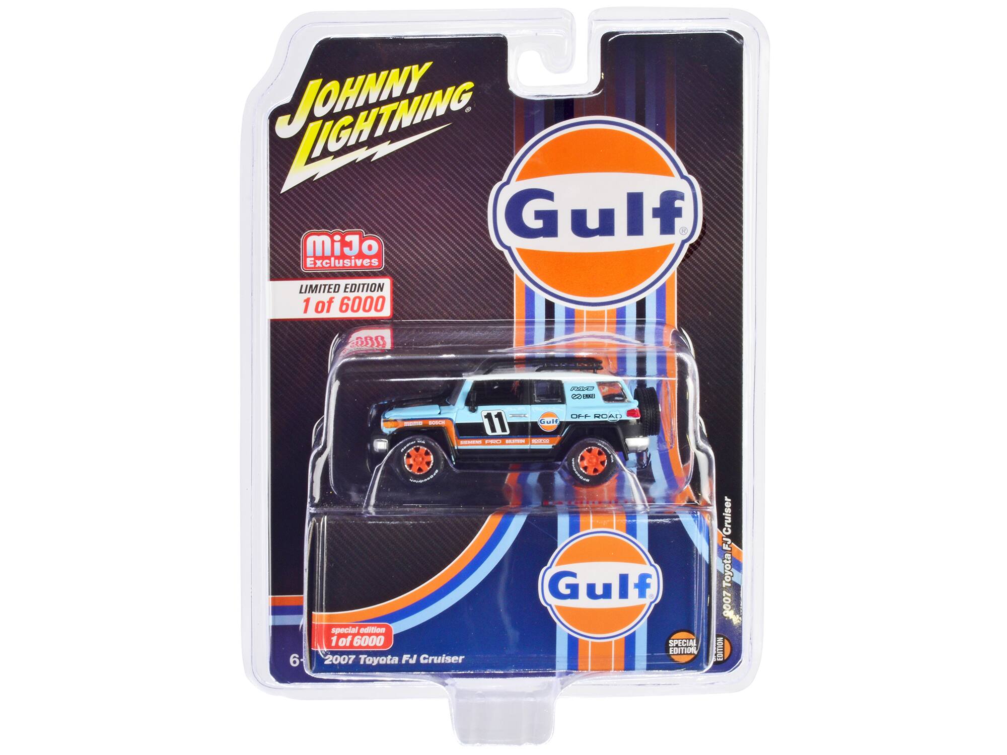 JOHNNY LIGHTNING  
Gulf MiJo Exclusives  
LIMITED EDITION 1 of 6000  
888 - BCe I 11 GuDE - FA -- G XK R TM OF DON  
Special Edition 1 of 6000  
2007 Toyota FJ Cruiser Gulf SPECIAL EDITION