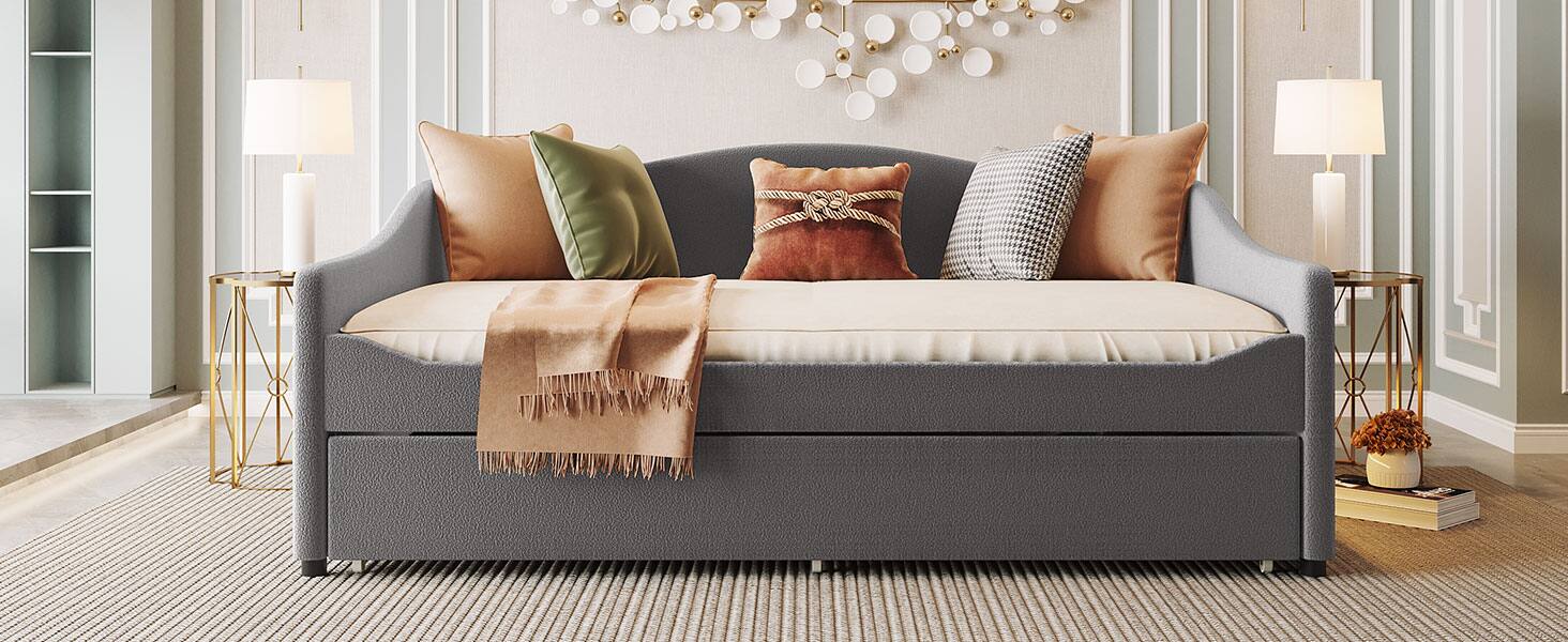 Alt View 10. Tiramisubest - Teddy Fleece Full Size Upholstered Daybed with Light and Trundle, Gray - Gray.