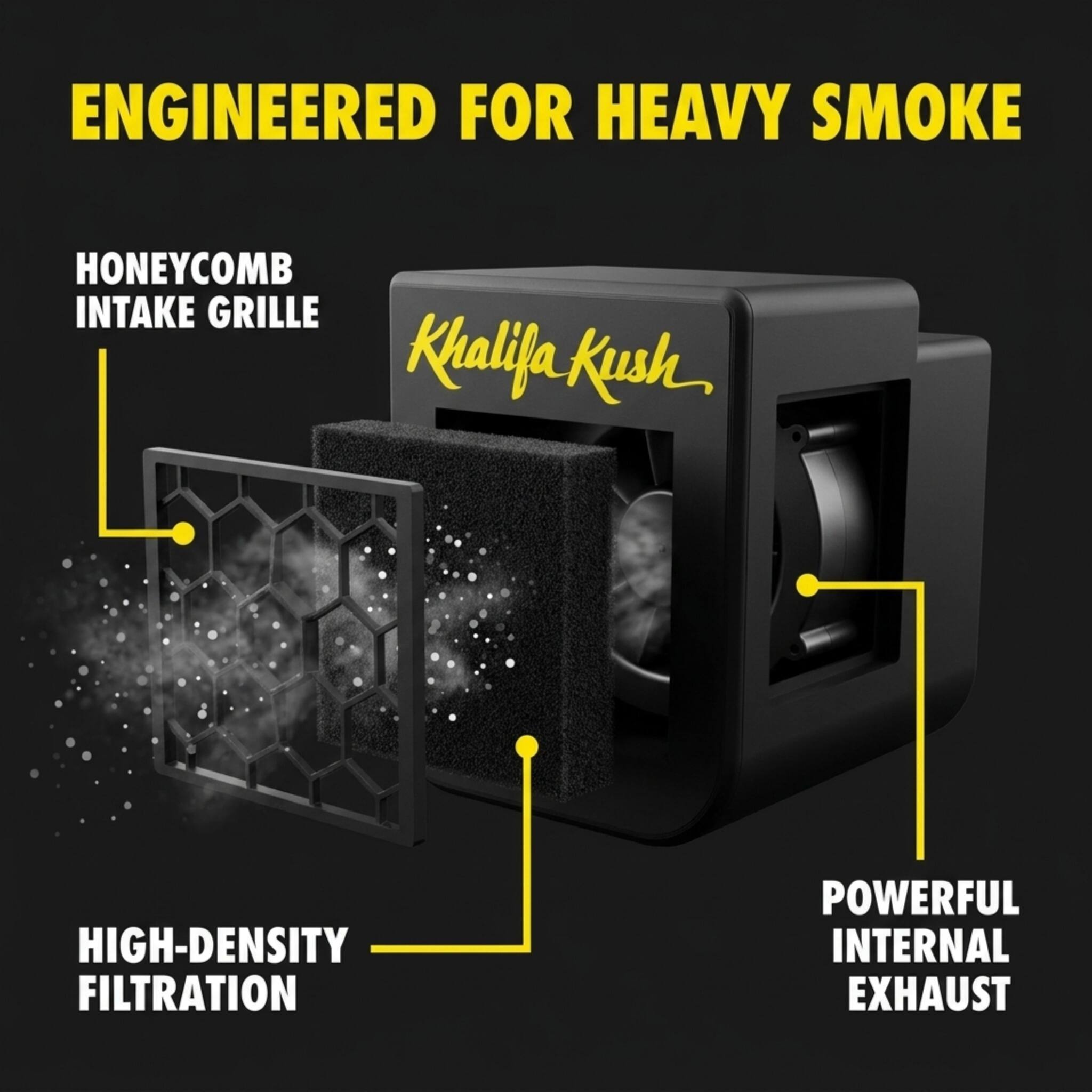 ENGINEERED FOR HEAVY SMOKE

HONEYCOMB INTAKE GRILLE

HIGH-DENSITY FILTRATION

POWERFUL INTERNAL EXHAUST