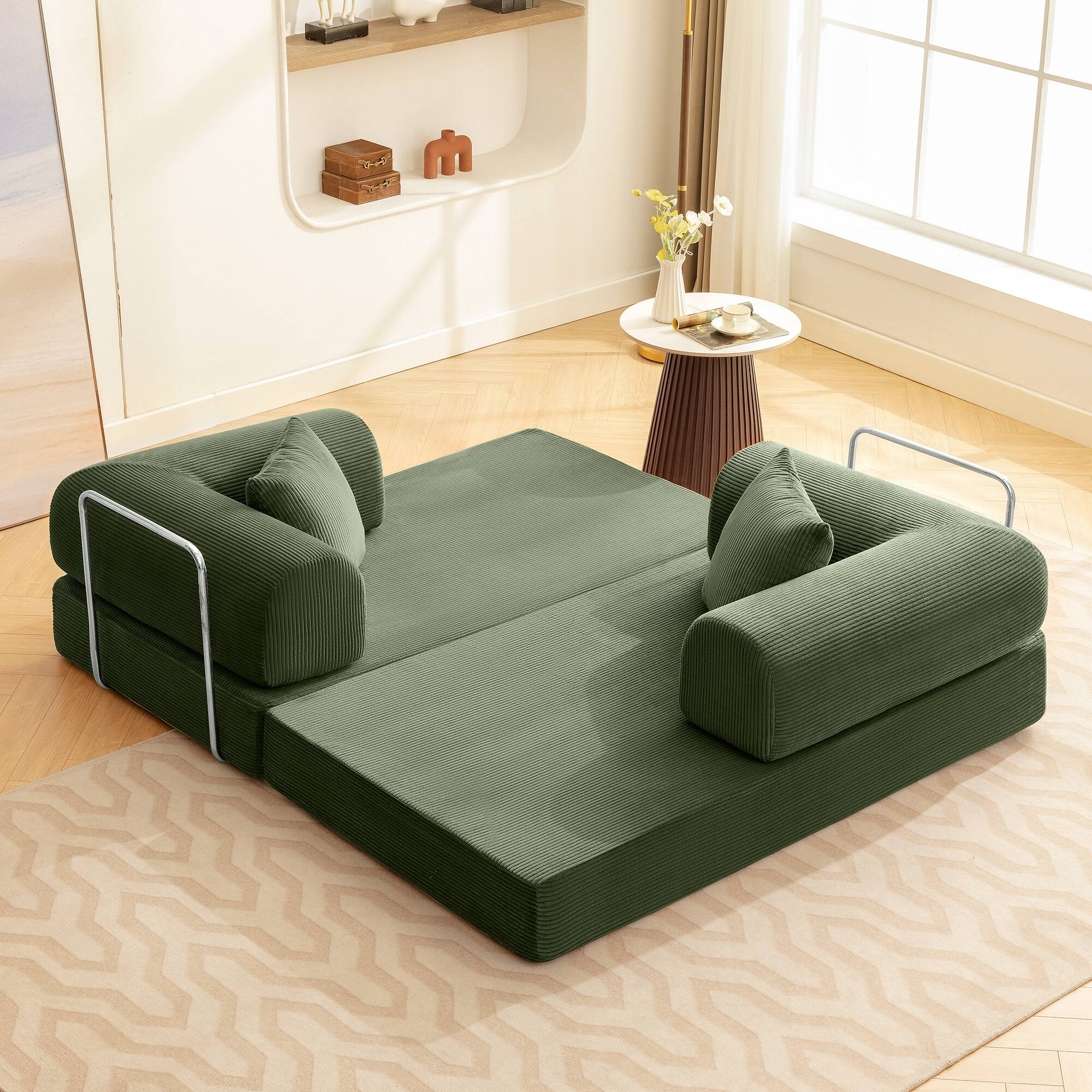 Left. Brick Attic - 4-in-1 Folding Convertible Floor Sofa Bed, 63 Inch Oversized Modern Fabric Boneless Couch for Living Room Bedroom Lounge - Olive Green.
