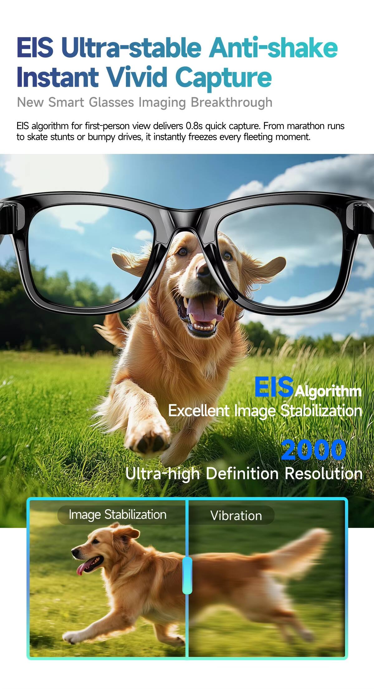 EIS Ultra-stable Anti-shake Instant Vivid Capture  
New Smart Glasses Imaging Breakthrough  

EIS algorithm for first-person view delivers 0.8s quick capture. From marathon runs to skate stunts or bumpy drives, it instantly freezes every fleeting moment.  

EIS Algorithm  
Excellent Image Stabilization  
2000 Ultra-high Definition Resolution  

Image Stabilization  
Vibration