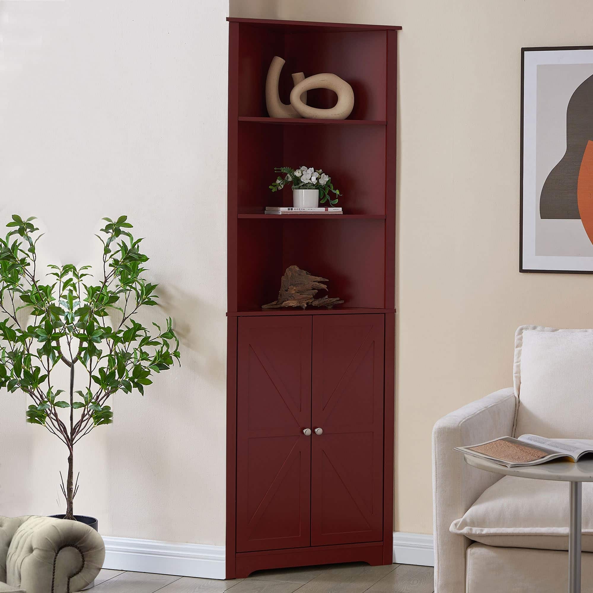 Front. Kings Brand Furniture - Kings Brand Furniture Tall Wooden Corner Cabinet - Red.