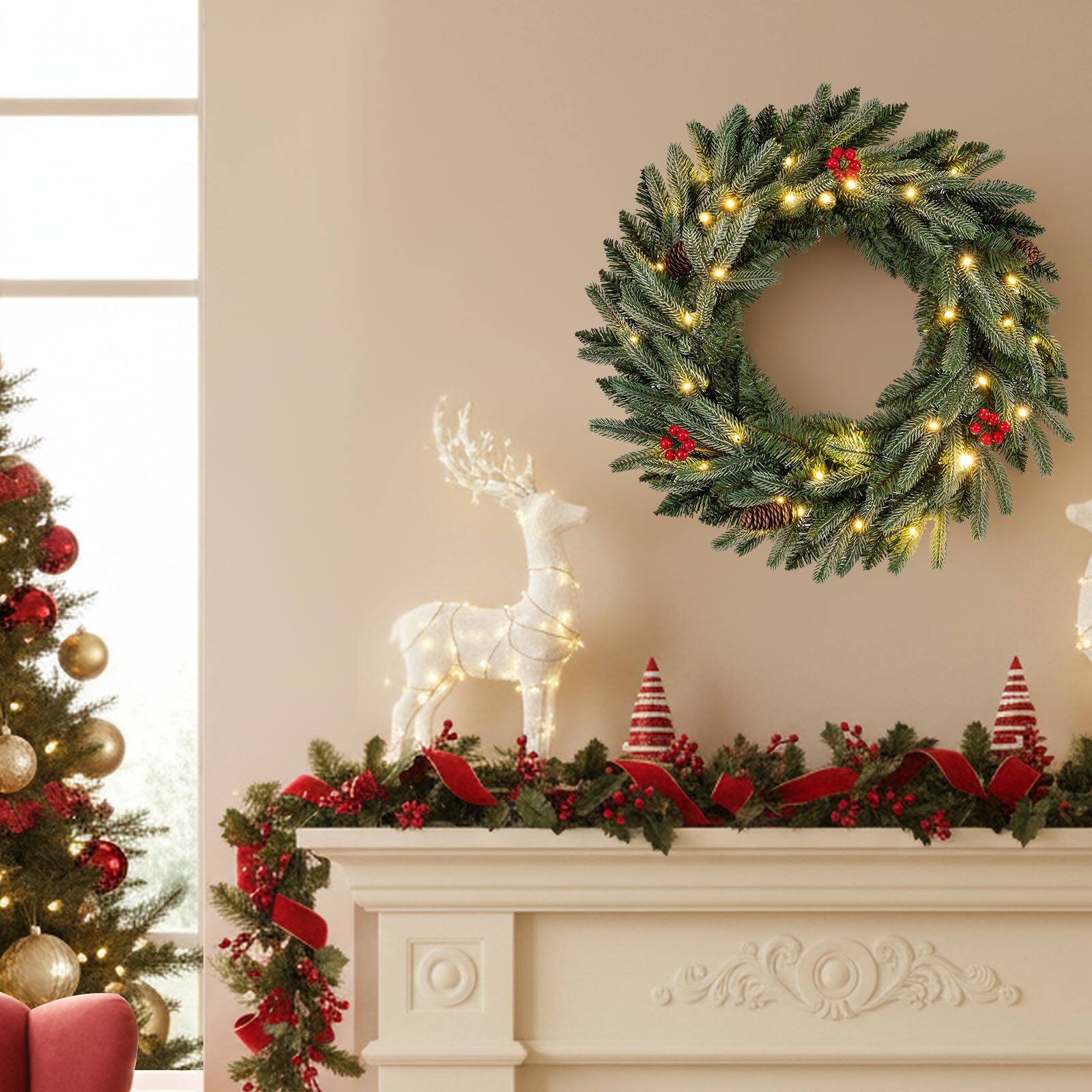 Alt View 1. Gymax - Gymax 2PCS 24'' Pre-lit Christmas Wreath Front Door Artificial Xmas Wreath w/Red Berries Green - Green.