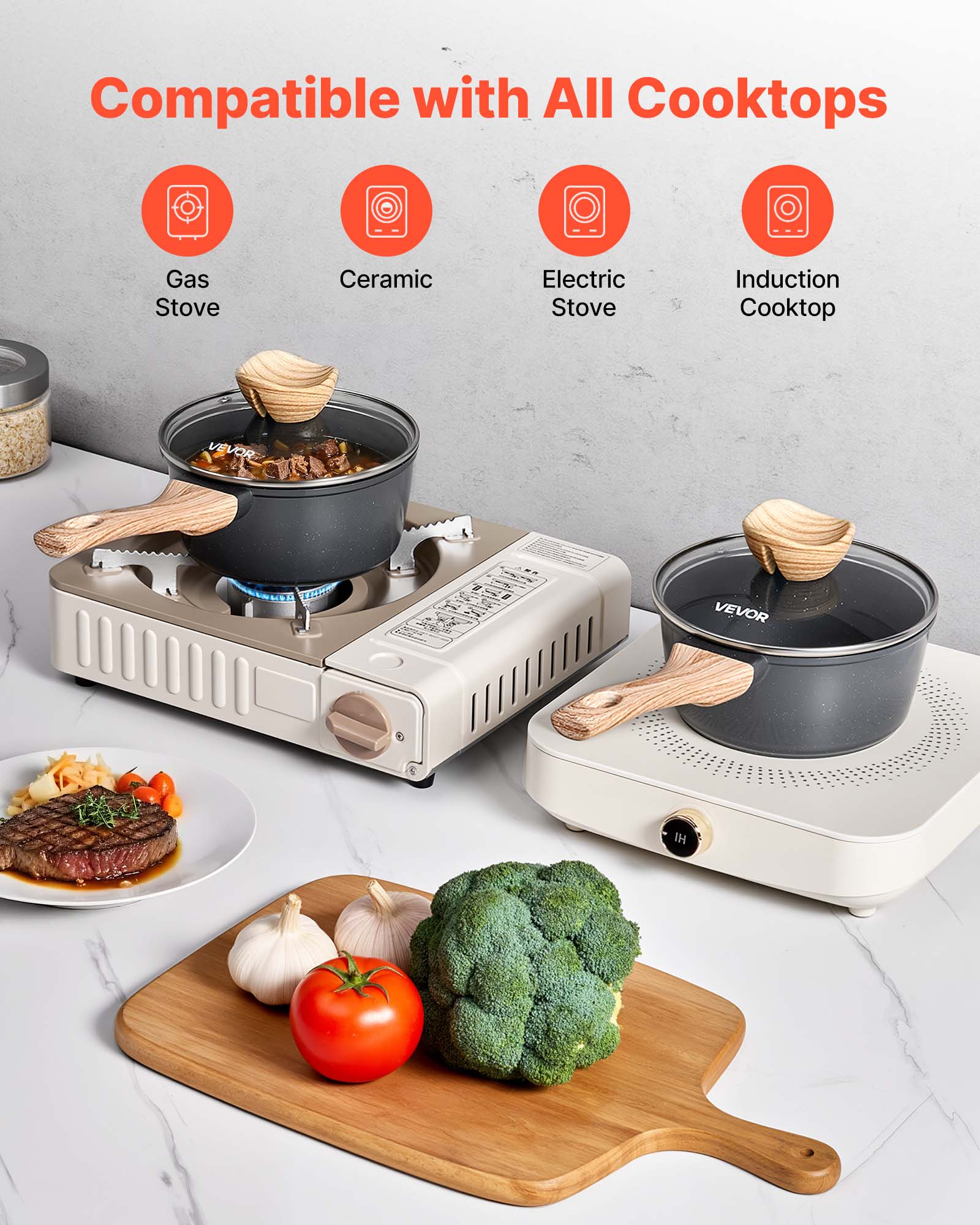 Compatible with All Cooktops

- Gas Stove
- Ceramic Stove
- Electric Stove
- Induction Cooktop