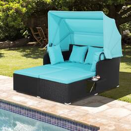 Gymax - Patio Hand-Woven PE Wicker Daybed Outdoor Loveseat Sofa Set w/ Cushions - Turquoise