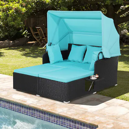 Front. Gymax - Gymax Patio Hand-Woven PE Wicker Daybed Outdoor Loveseat Sofa Set w/ Turquoise Cushions - Turquoise.