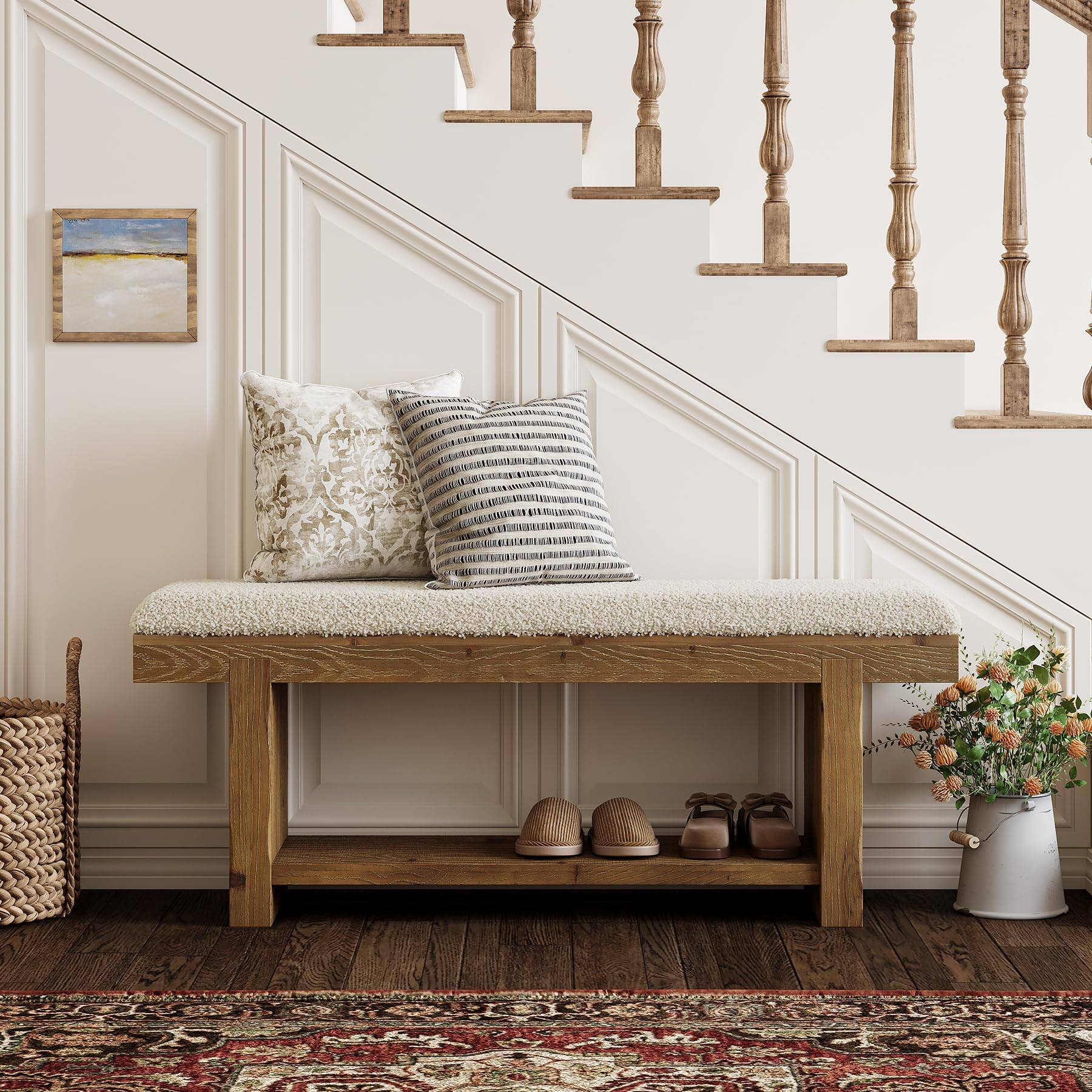 Alt View 4. Tribesigns - 47.2-Inch Solid Wood Entryway Bench, 2-Tier Farmhouse Upholstered Bedroom Bench with Storage Shelf, Narrow Bench for Bed - White & Brown.
