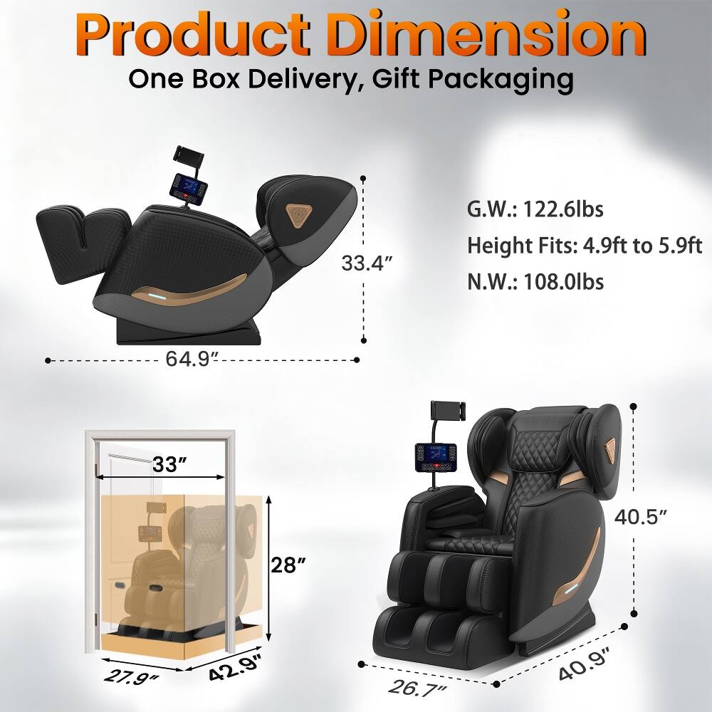 Product Dimension  
One Box Delivery, Gift Packaging

33.4"  
G.W.: 122.6lbs  
Height Fits: 4.9ft to 5.9ft  
N.W.: 108.0lbs  
64.9"  
33"  
40.5"  
28"  
27.9"  
42.9"  
26.7"  
40.9"