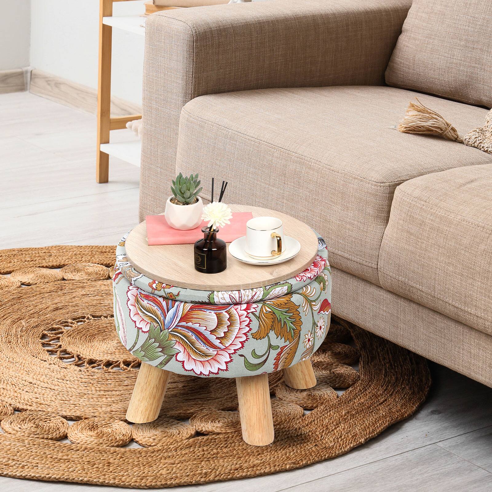 Alt View 3. Oumilen - Round Floral Fabric Storage Ottoman Foot Stool with Wooden Legs - Flower.