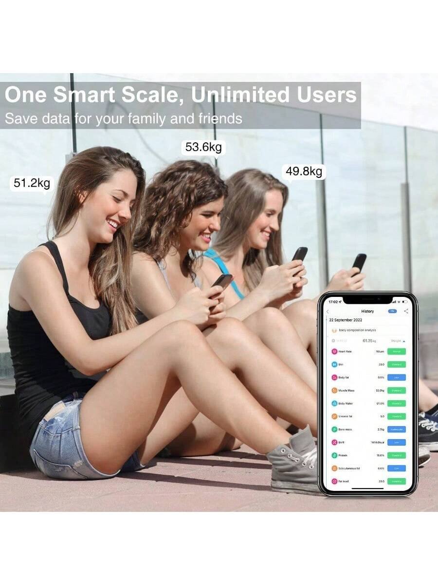 One Smart Scale, Unlimited Users  
Save data for your family and friends  

51.2kg  
53.6kg  
49.8kg  

17:02  
History  
22 September 2022  

- Body composition analysis  
- Heart Rate  
- BMI  
- Body fat  
- Body Water  
- Visceral fat  
- Bone mass  
- BMR  
- Protein  
- Subcutaneous fat  
- Fat level  

- 61.375  
- 70 bpm  
- 20.9  
- 20.9%  
- 59.0%  
- 5.0  
- 2.7 kg  
- 1540.0 kcal  
- 31.8%  
- 6.6%  
- 100