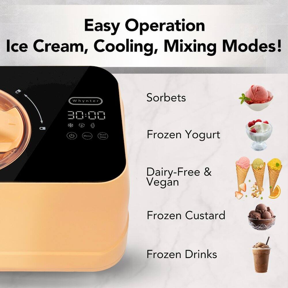 Easy Operation Ice Cream, Cooling, Mixing Modes!  
Whynter Sorbets  
30:00  
Frozen Yogurt  
Dairy-Free & Vegan  
Frozen Custard  
Frozen Drinks