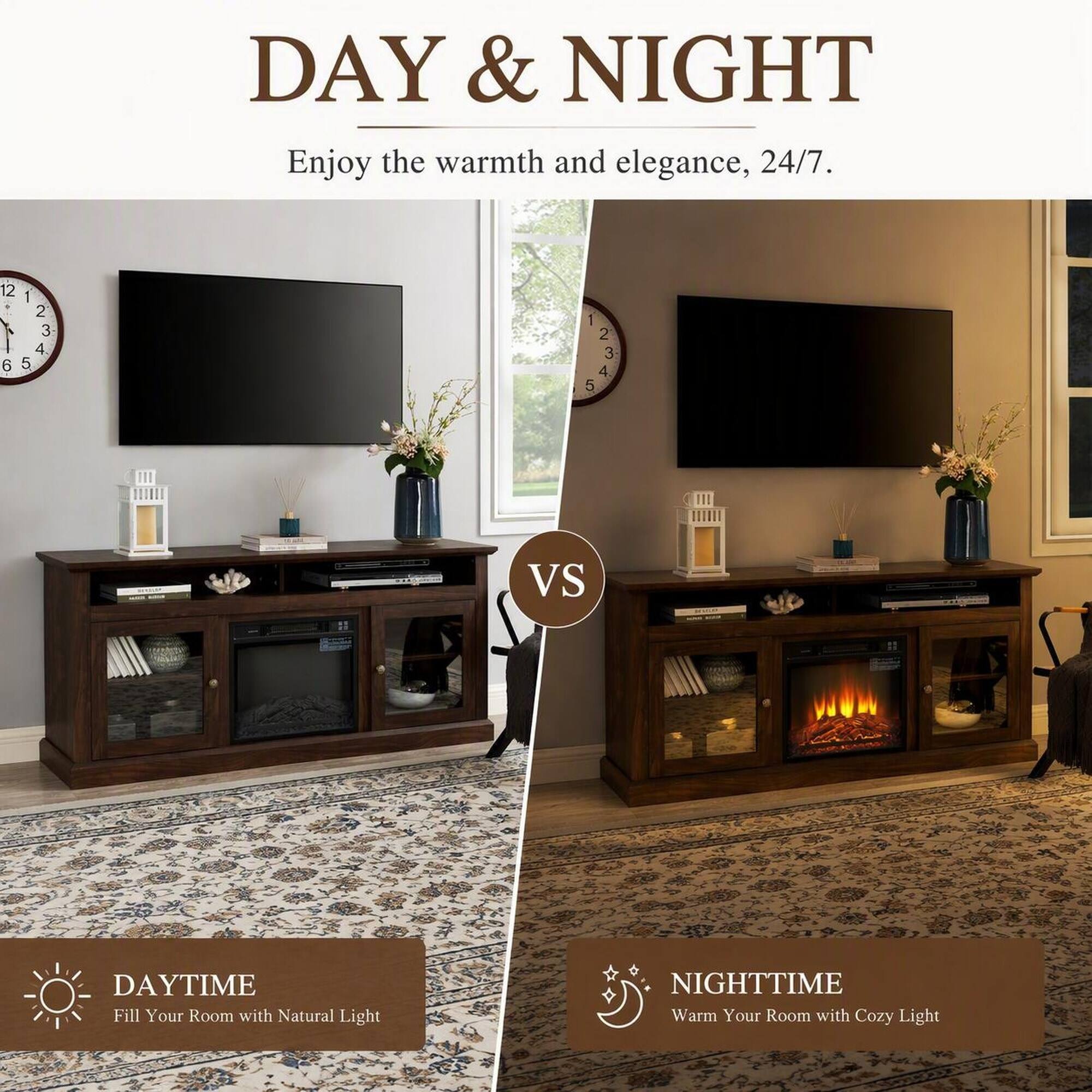 DAY & NIGHT  
Enjoy the warmth and elegance, 24/7.

DAYTIME  
Fill Your Room with Natural Light

VS

NIGHTTIME  
Warm Your Room with Cozy Light