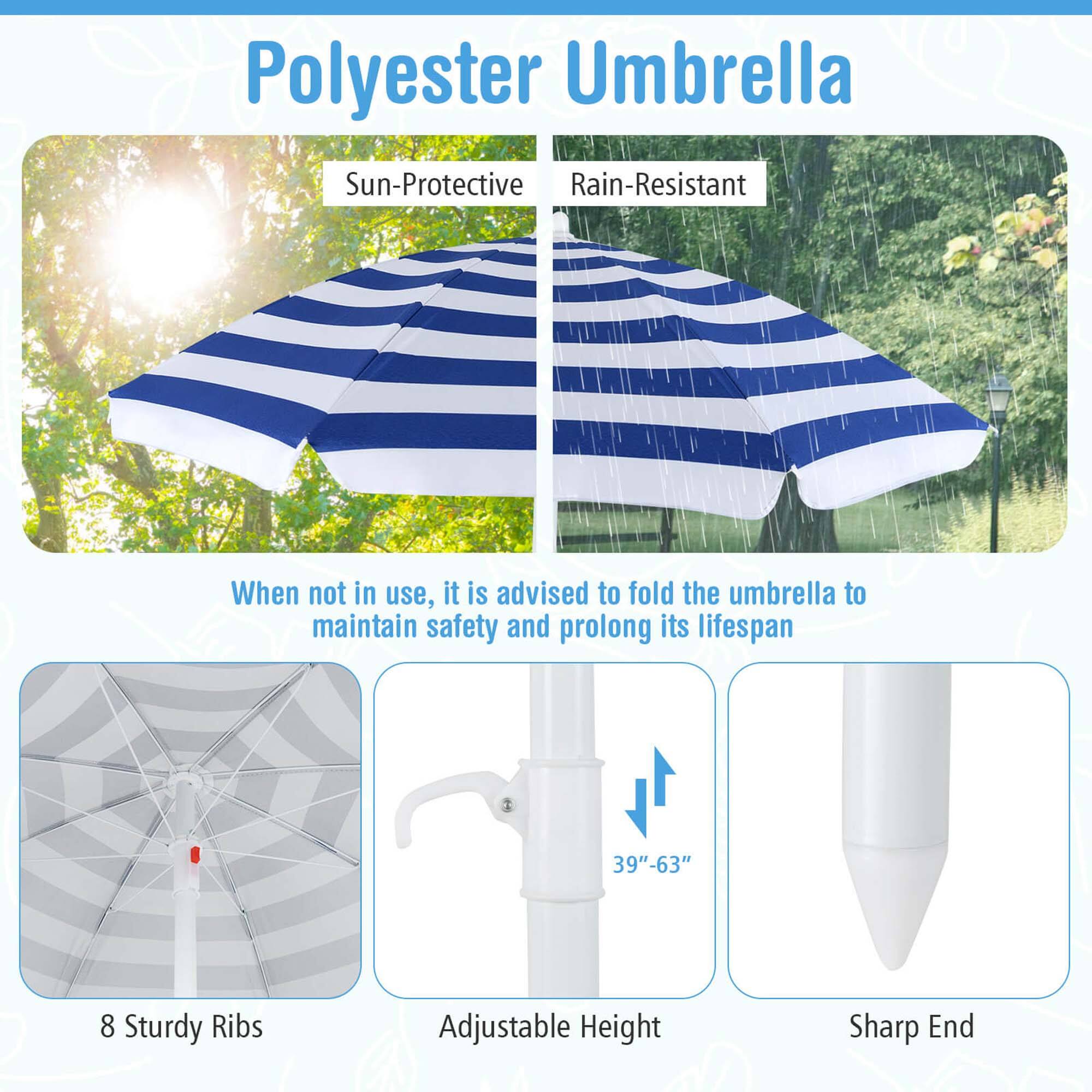 Polyester Umbrella

- Sun-Protective
- Rain-Resistant

When not in use, it is advised to fold the umbrella to maintain safety and prolong its lifespan

- 8 Sturdy Ribs
- Adjustable Height (39"–63")
- Sharp End