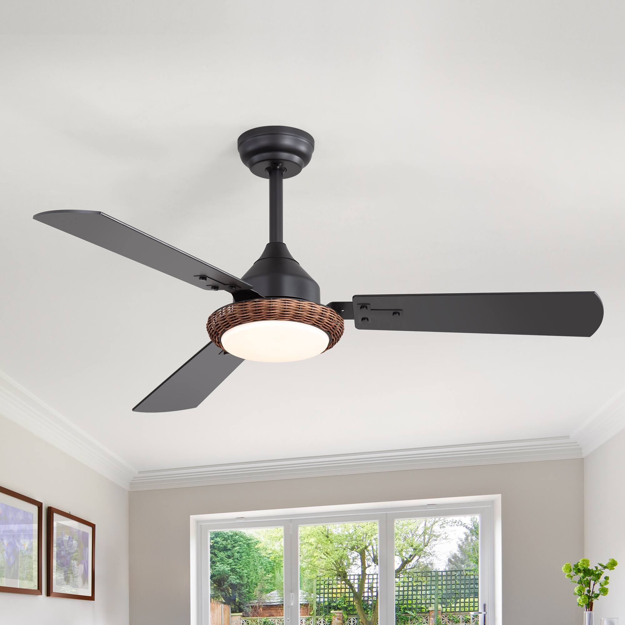 Alt View 1. Breezary - 48'' Ceiling Fan with 3-Color Light, 3 Dual-Finish Plywood Blades, DC Motor, 6-Speed Remote with Timer & Memory - Matte Black and Dark Wood Grain.