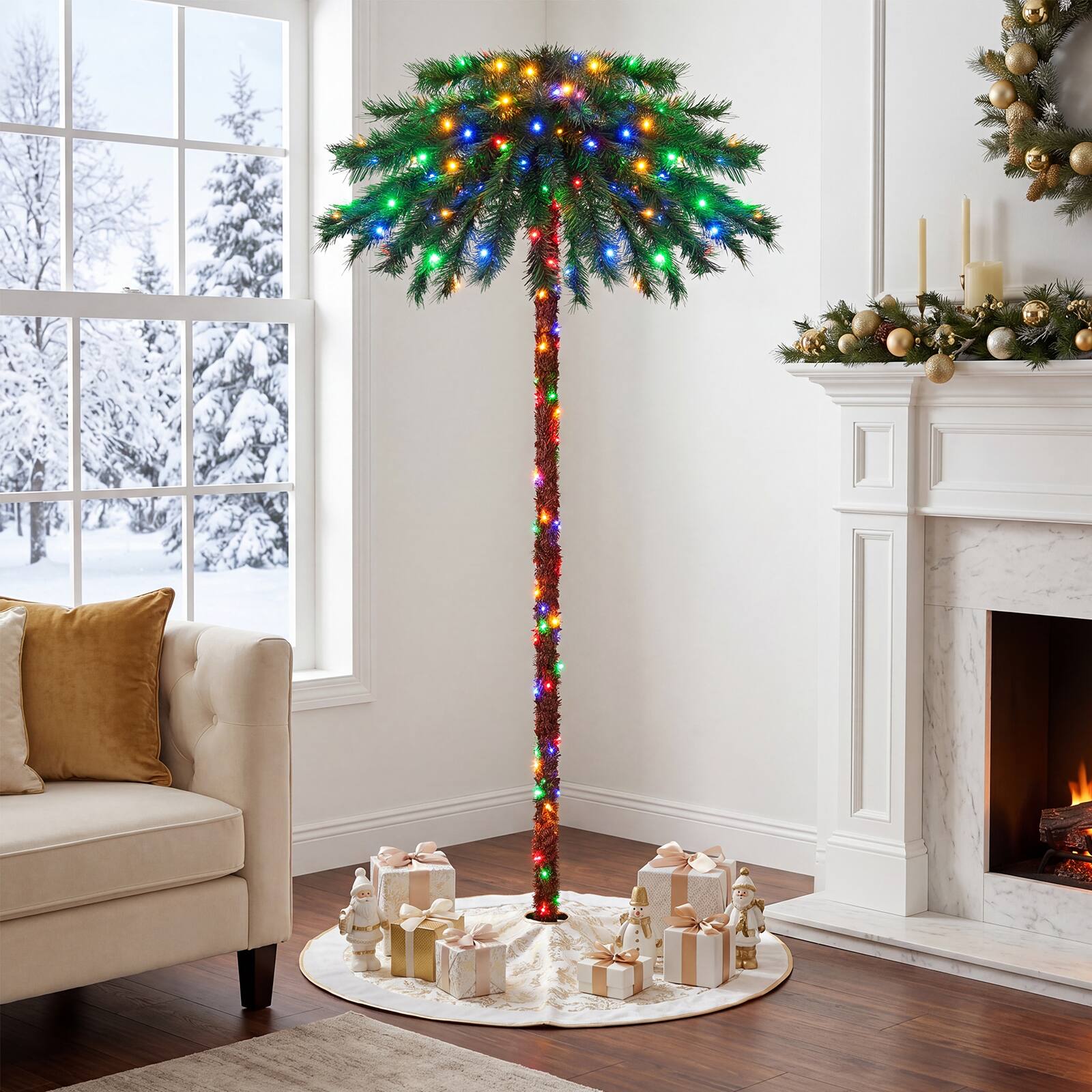 Costway - 6FT Pre-Lit Artificial Tropical Christmas Palm Tree w/ 210 Multi-Color Lights - Green