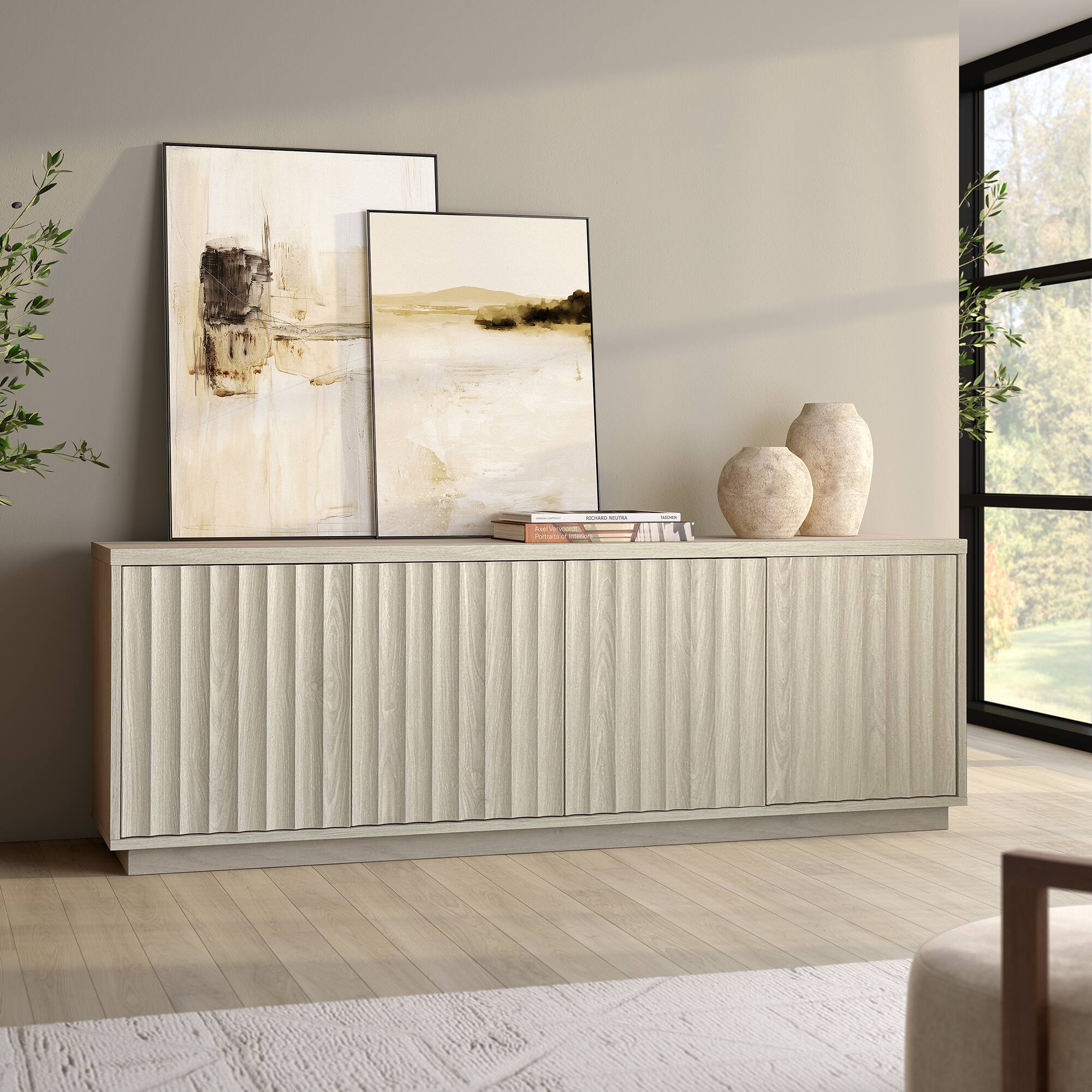 Alt View 3. Hudson&Canal - Bourne Rectangular Fluted TV Stand for TV's up to 75" in Alder White - Alder White.