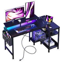 Anysun - 40"Game Desk with USB Charging, Power Socket, Type-C & LED Lights - Computer Table with Storage Rack & Monitor Stand - Black