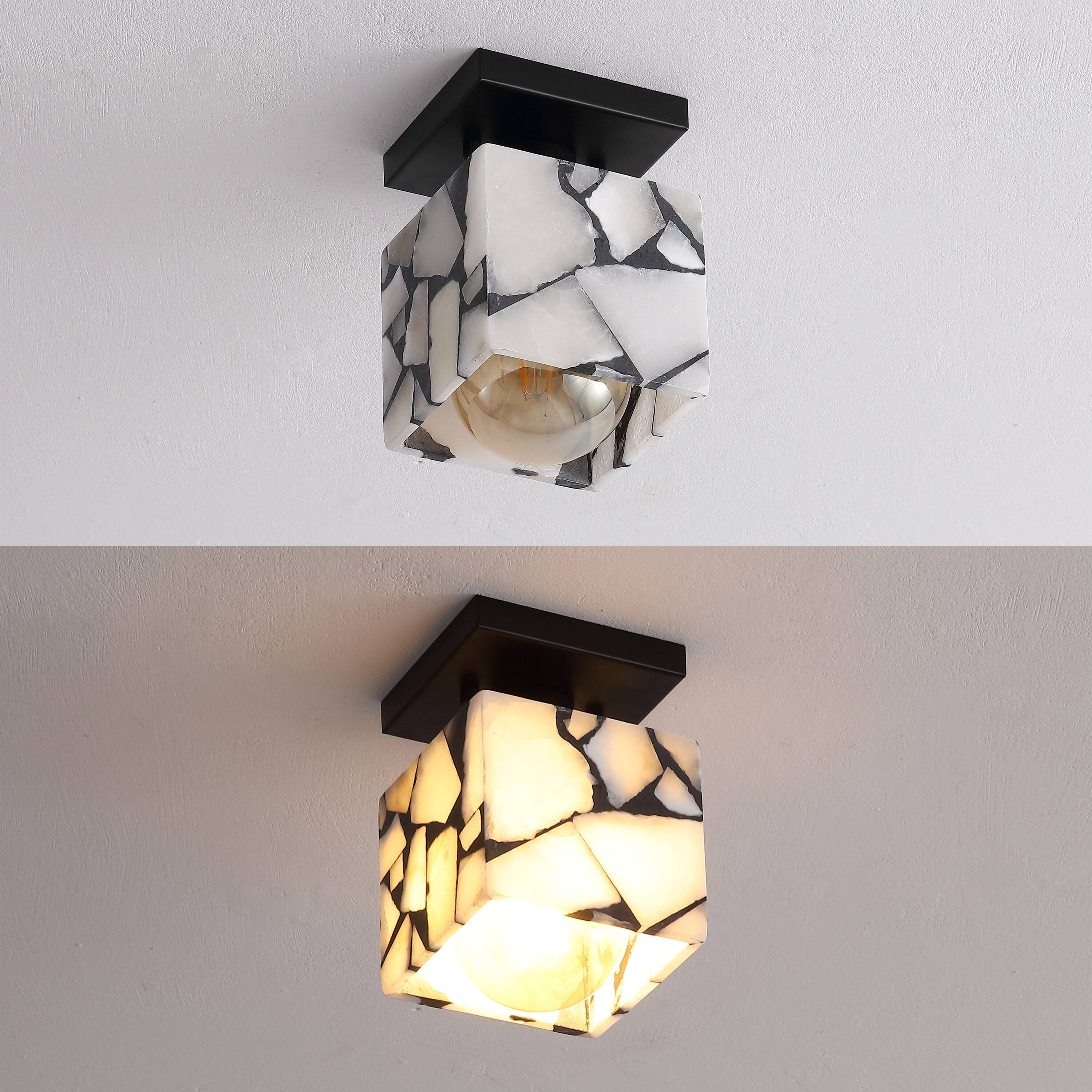 Alt View 6. Jonathan Y - Alessia 5" 1-Light Modern Contemporary Alabaster/Metal Cube LED Semi Flush Mount, Black and White Marbling/Black - White/Black.