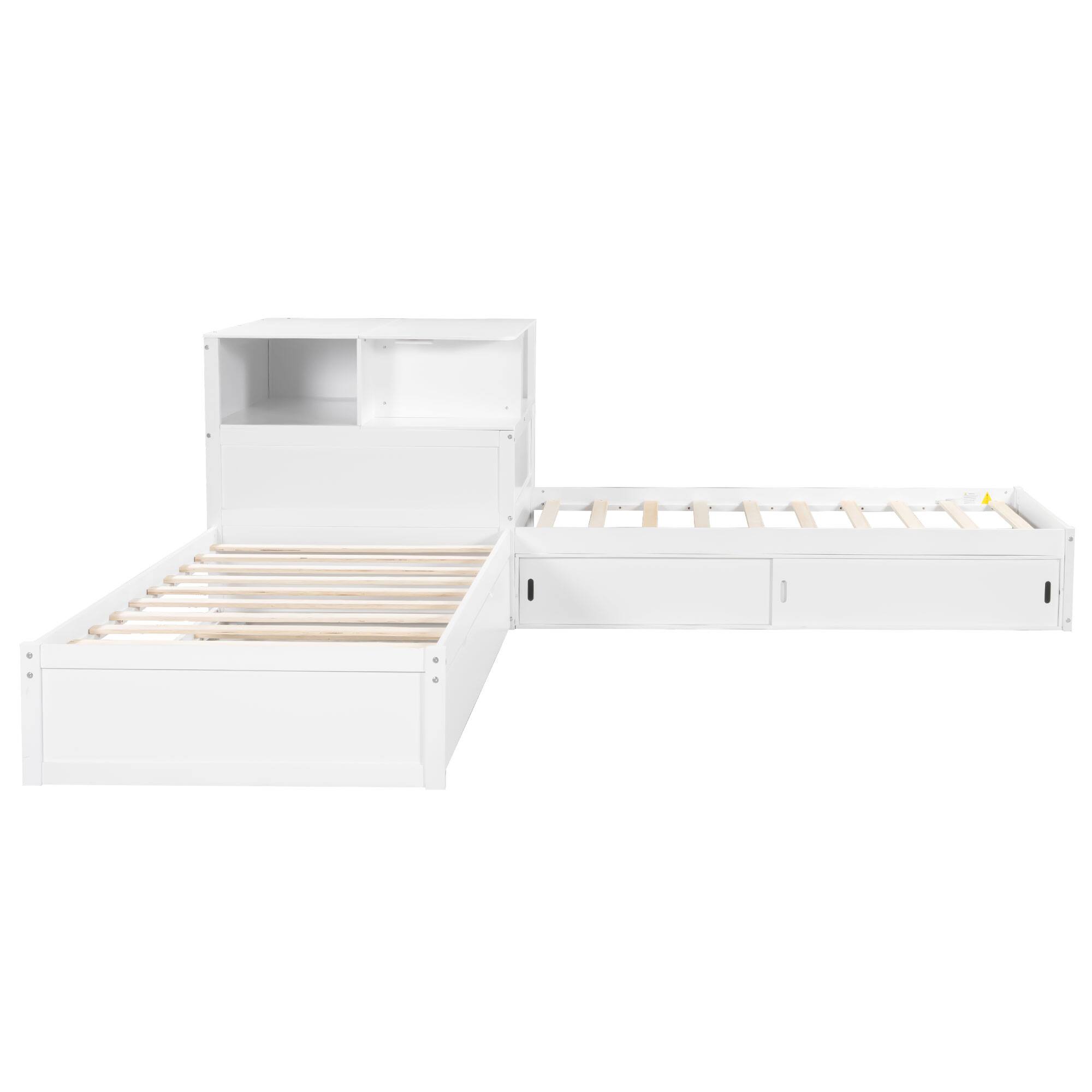 Back. Whisen - L-Shaped Twin Platform Bed with Trundle, Built-in Desk, Storage Cabinets & LED Lights, Wood Frame - White.