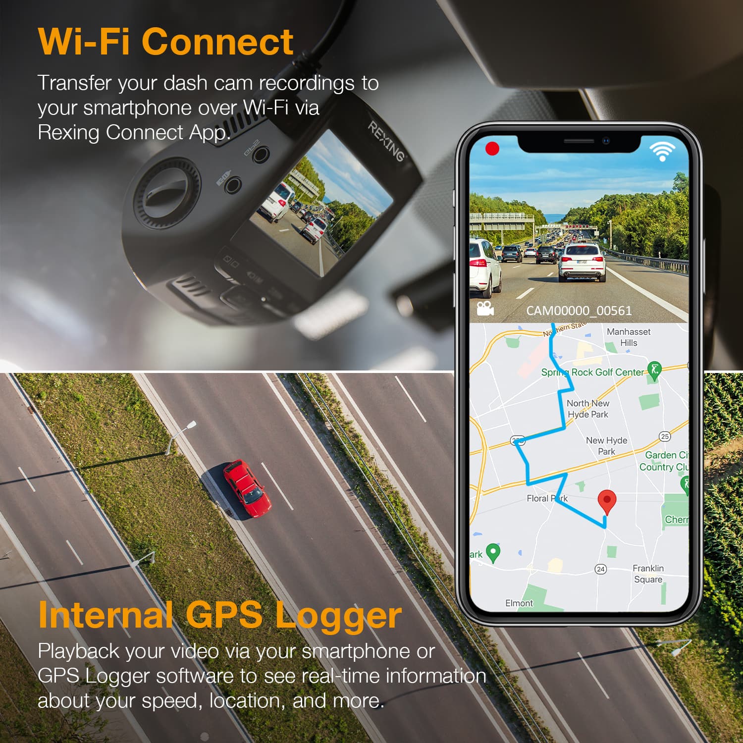 The text on the image is grouped and corrected as follows:
1. Wi-Fi Connect: Transfer your dash cam recordings to your smartphone over Wi-Fi via Rexing Connect App.
2. Internal GPS Logger: Playback your video via your smartphone or GPS Logger software to see real-time information about your speed, location, and more.