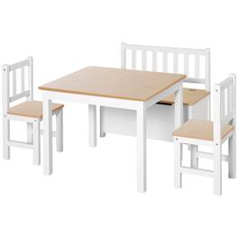 Qaba - 4-Piece Kids Table Set with 2 Wooden Chairs, 1 Storage Bench, and Interesting Modern Design - Natural Wood