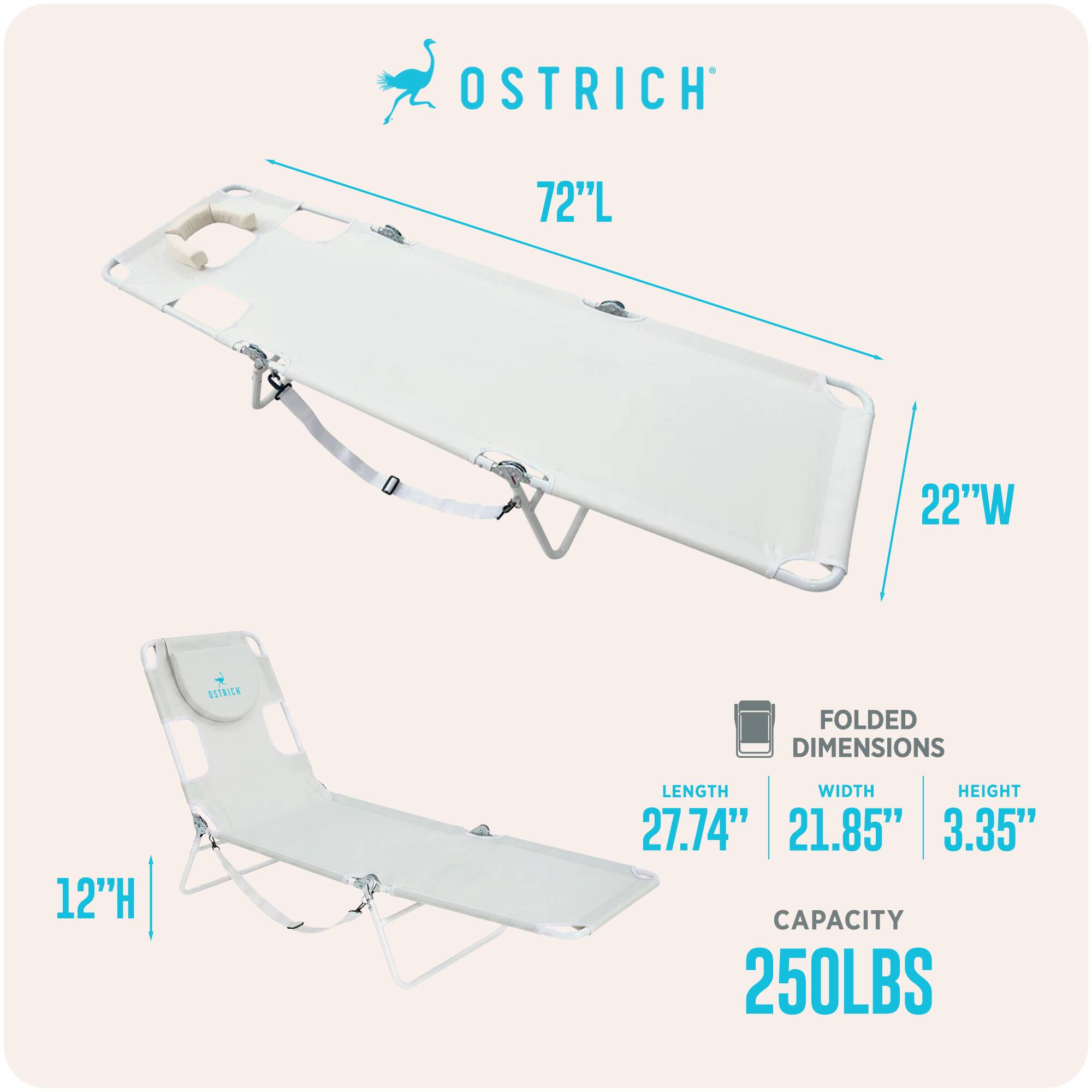 OSTRICH  
72"L x 22"W  
FOLDED DIMENSIONS: 27.74"L x 21.85"W x 3.35"H  
CAPACITY: 250LBS