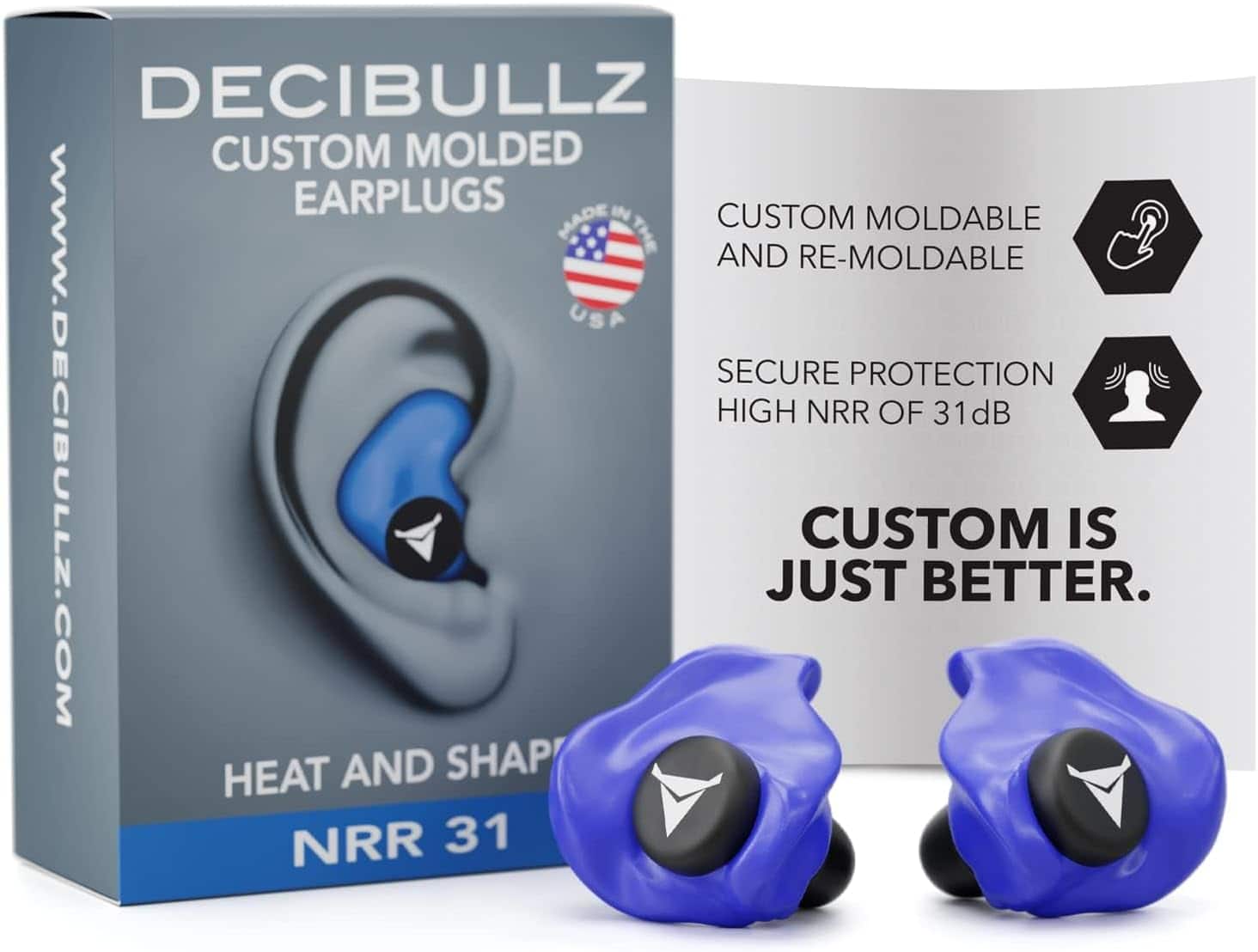 Decibullz - Custom Molded Earplugs, 31dB NRR Hearing Protection for Shooting, Travel, Swimming, Work, Concerts – - Blue
