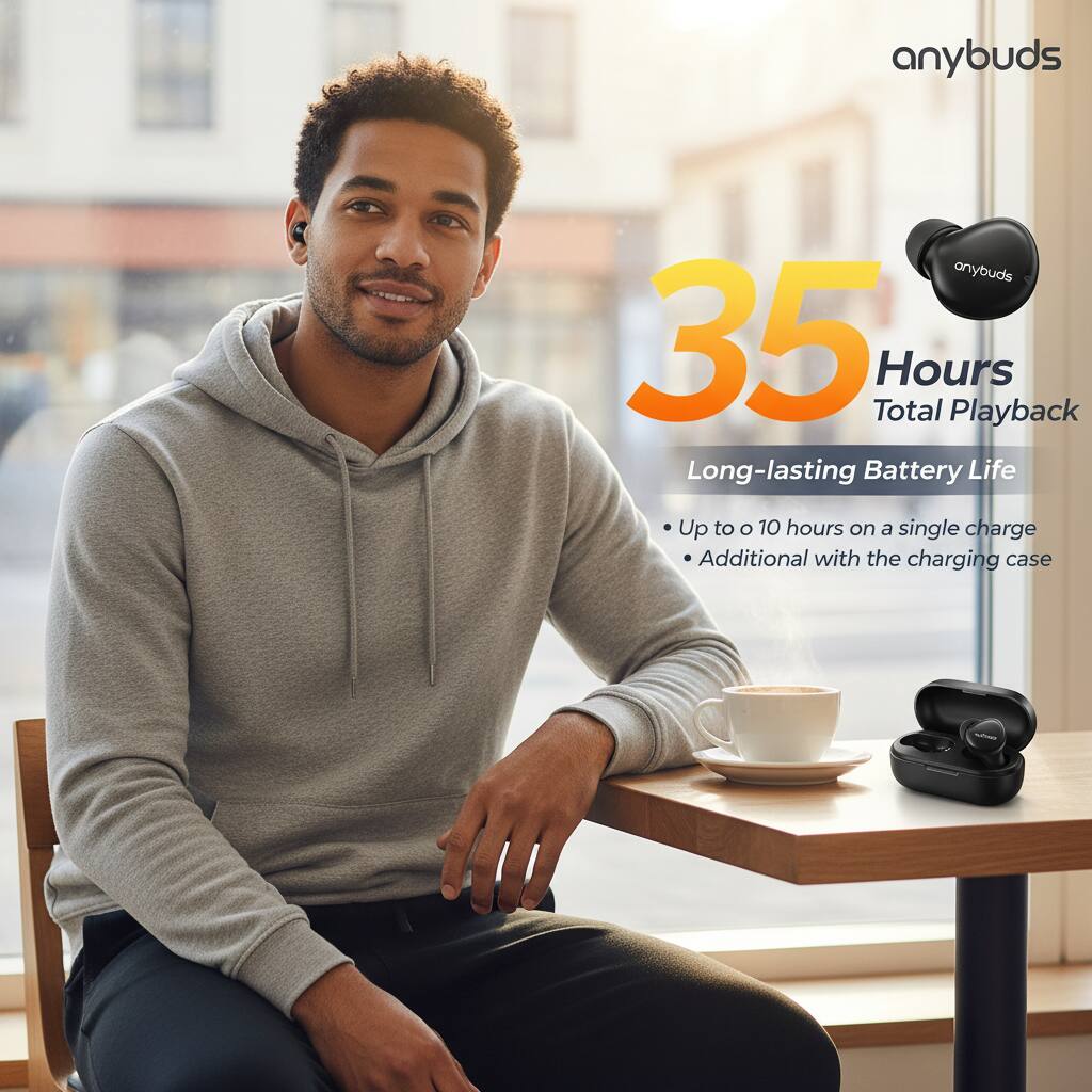 anybuds

35 Hours Total Playback

Long-lasting Battery Life
- Up to 10 hours on a single charge
- Additional with the charging case