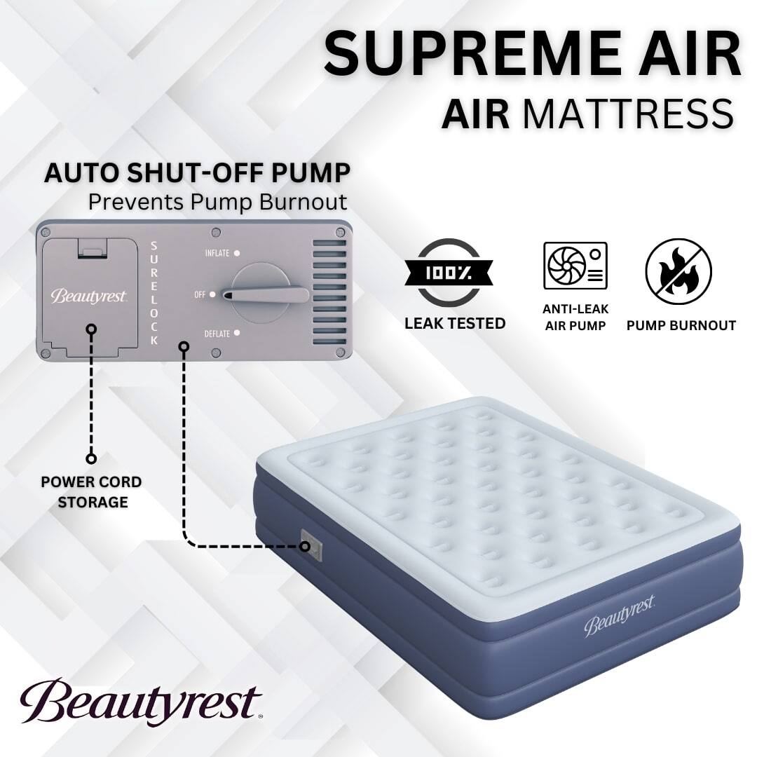 SUPREME AIR AIR MATTRESS  
AUTO SHUT-OFF PUMP  
Prevents Pump Burnout  

INFLATE  
SURELOCK  
OFF  
DEFLATE  

100% ANTI-LEAK  
LEAK TESTED  
AIR PUMP  
PUMP BURNOUT  

POWER CORD STORAGE  

Beautyrest