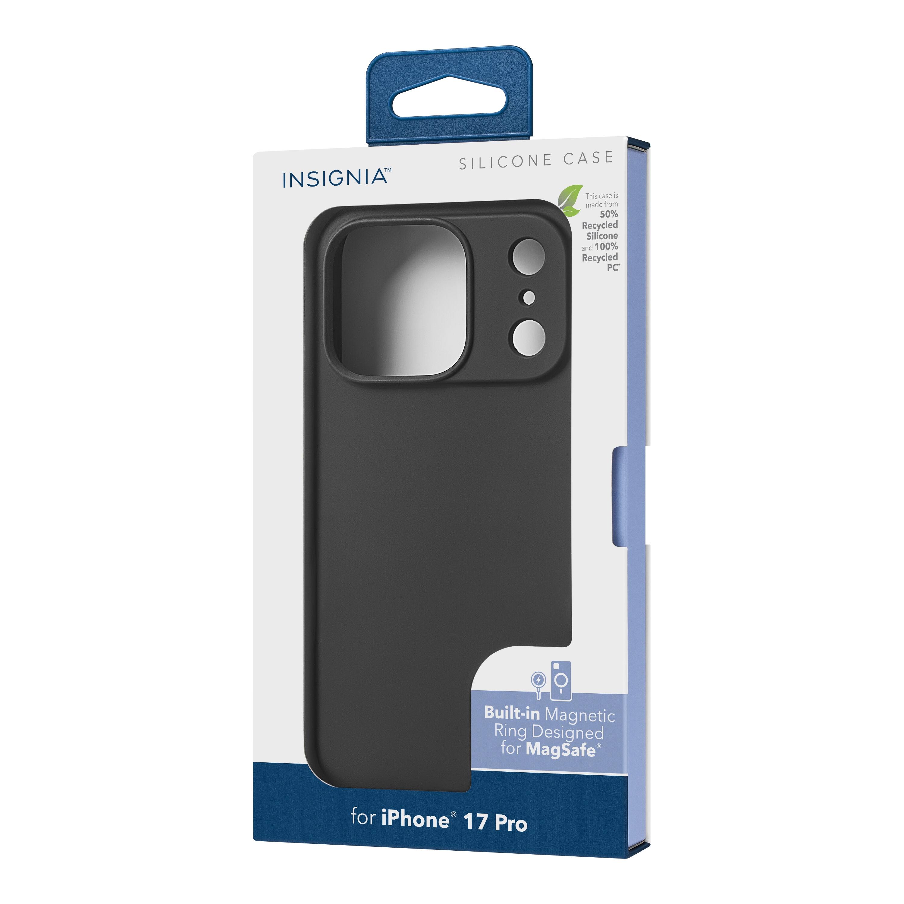 INSIGNIA SILICONE CASE  
The case is made from 50% Recycled Silicone and 100% Recycled PC  
Built-in Magnetic Ring Designed for MagSafe  
for iPhone 17 Pro