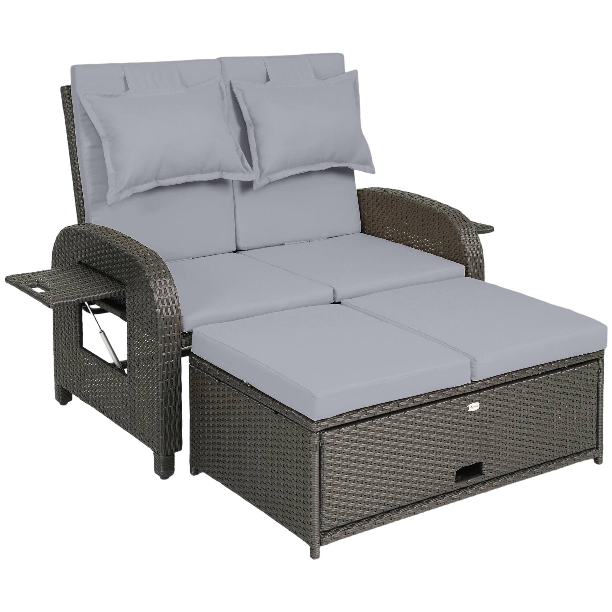 Outsunny - Rattan Daybed, Wicker Outdoor Daybed with Storage Ottoman, Loveseat w/ Adjustable Backrest - Gray