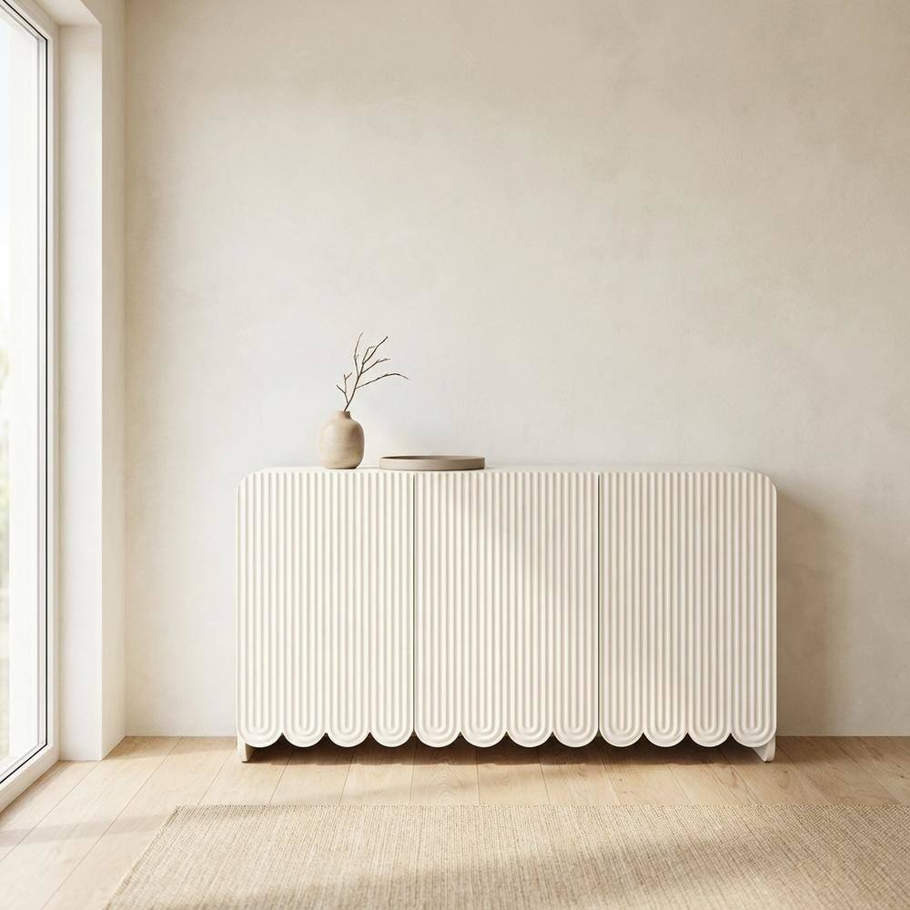 Angle. FurniFact - Fluted And Scalloped Sideboard Storage Cabinet In Elegant Finish - White.
