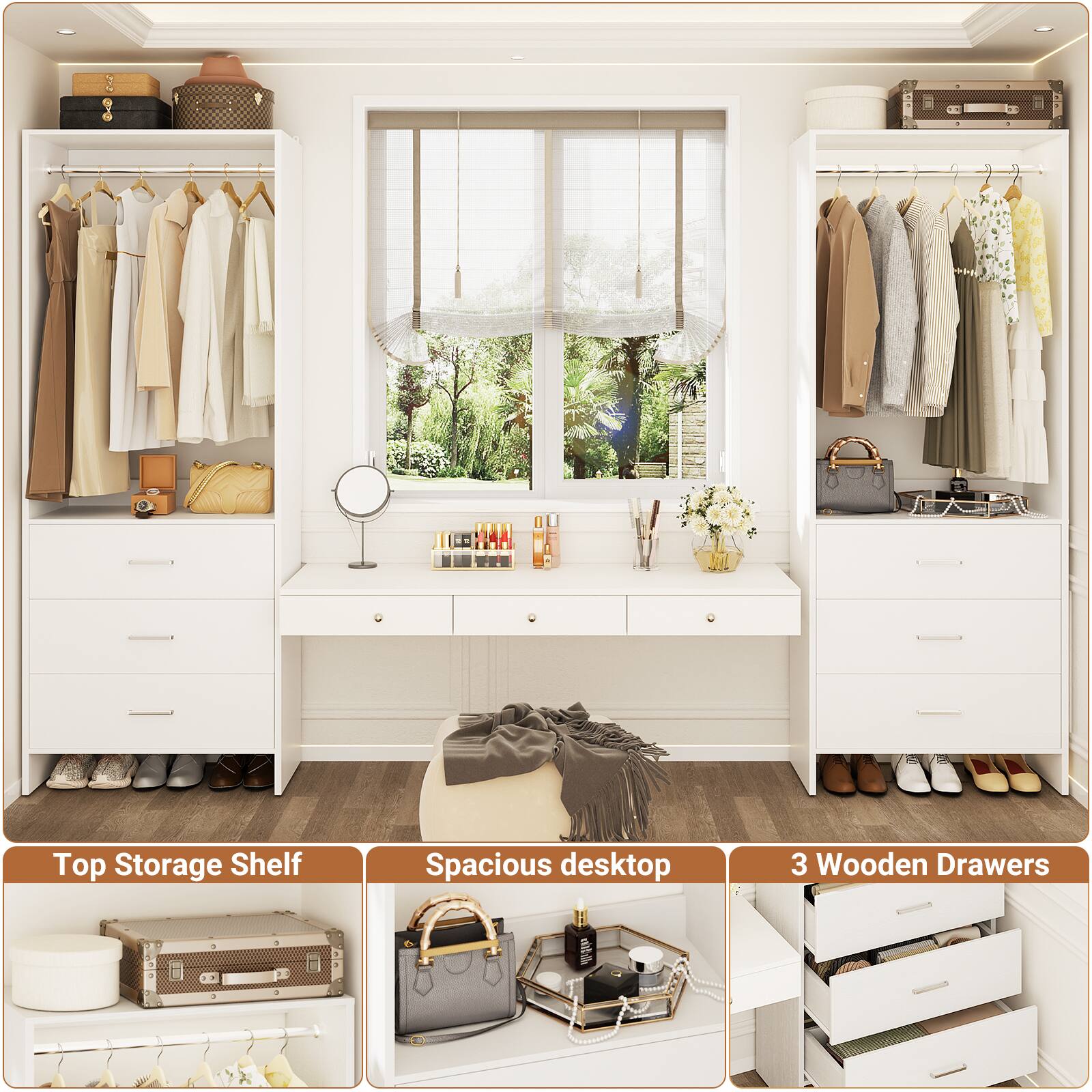 Top Storage Shelf  
Spacious desktop  
3 Wooden Drawers