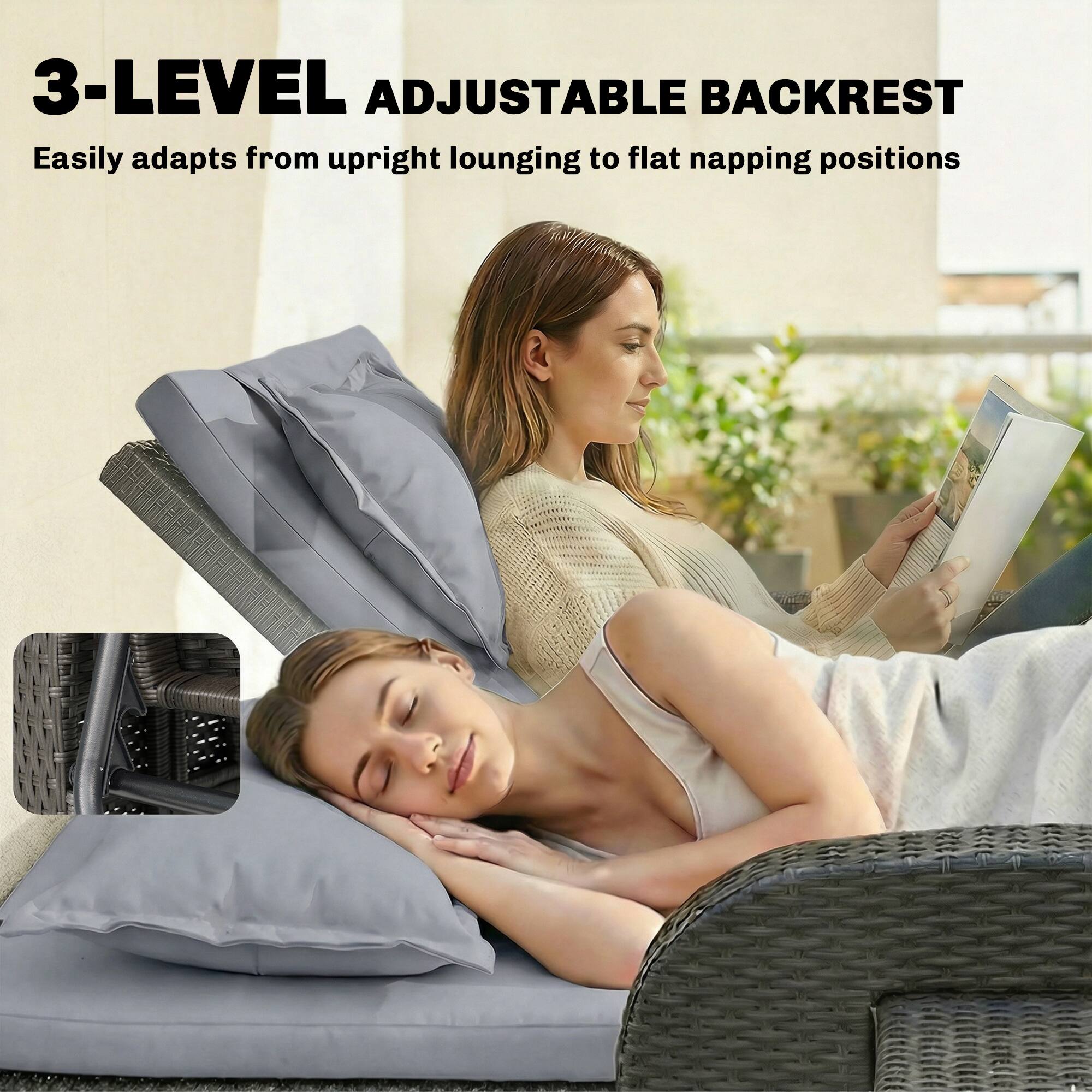 3-LEVEL ADJUSTABLE BACKREST  
Easily adapts from upright lounging to flat napping positions