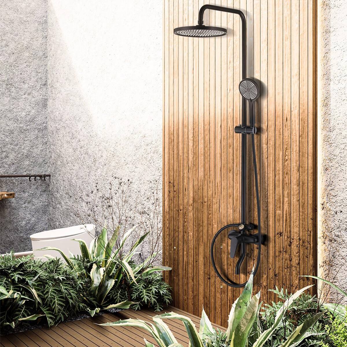 Angle. Dazzed Corner - Wall Mount 3-Function Outdoor Shower Fixture with Thermometer and Brass Valve - Matte Black.