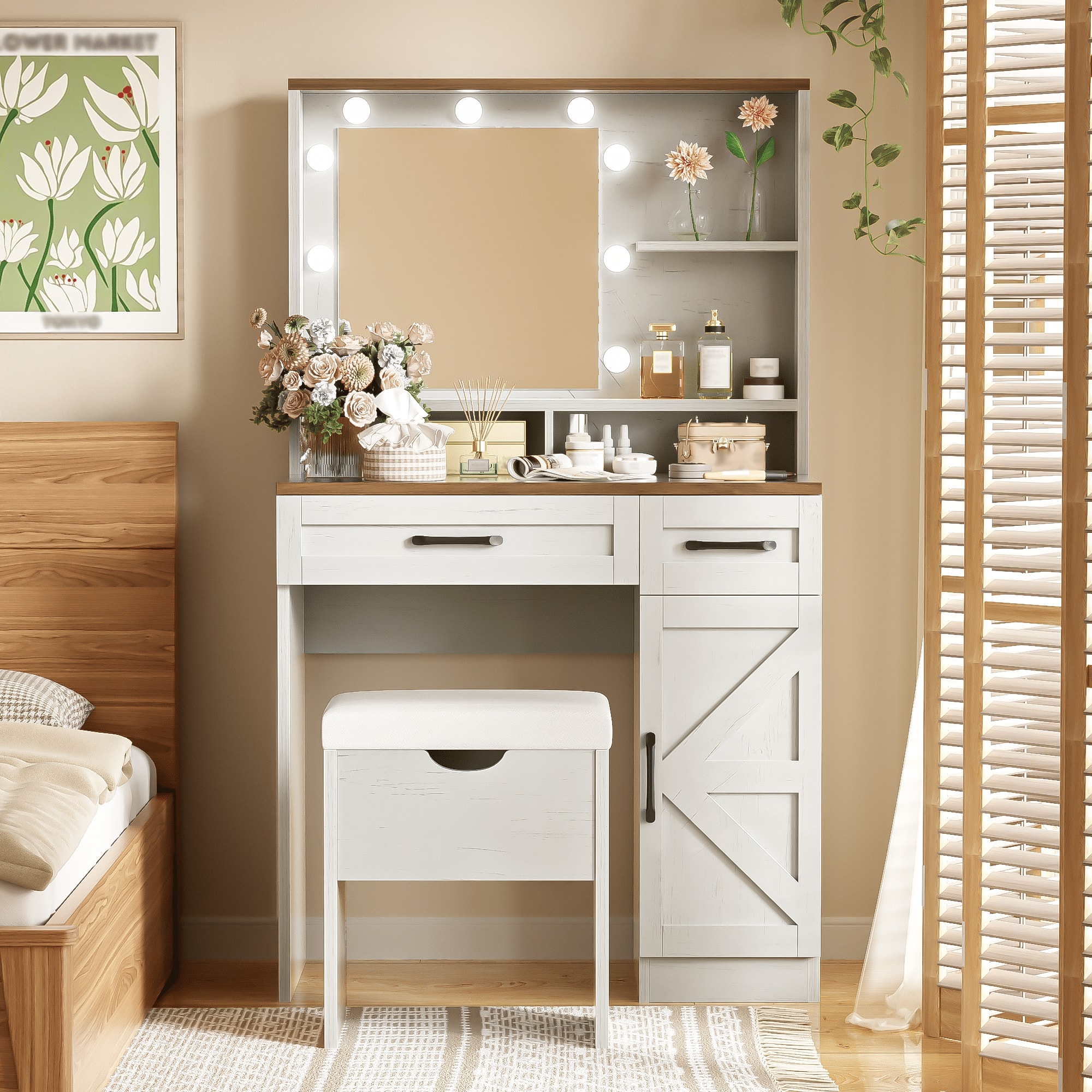 Mirfee - Farmhouse Makeup Vanity with Mirror, Lights, 3 Modes, Stool, Drawers, White - Brown+White