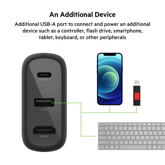 An Additional Device

Additional USB-A port to connect and power an additional device such as a controller, flash drive, smartphone, tablet, keyboard, or other peripherals

45W MAX

HDMI