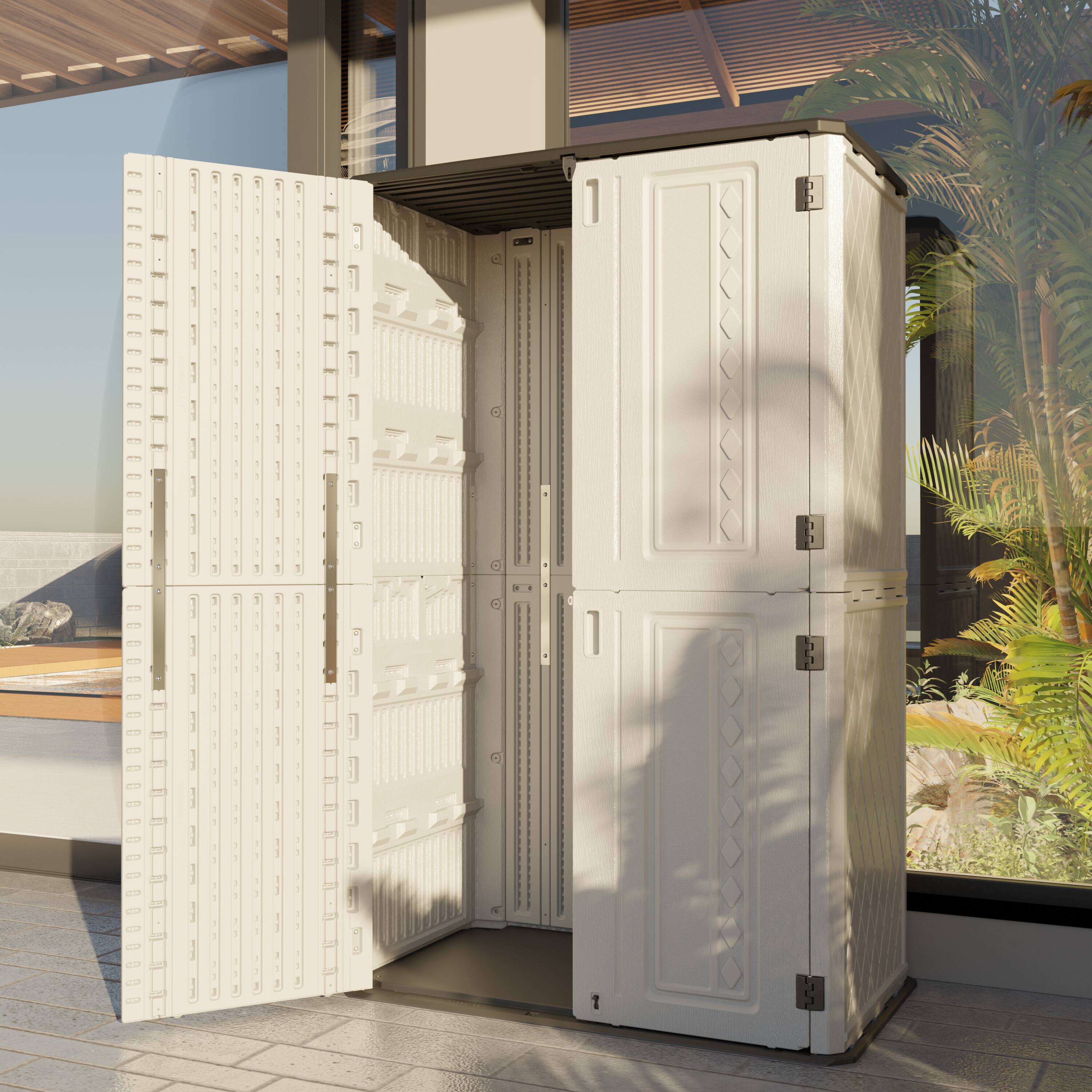 Left. Decksplore - Outdoor Storage Shed Waterproof Horizontal Storage Cabinet for Patio, Garden, Backyard with 4 Shelves - White.