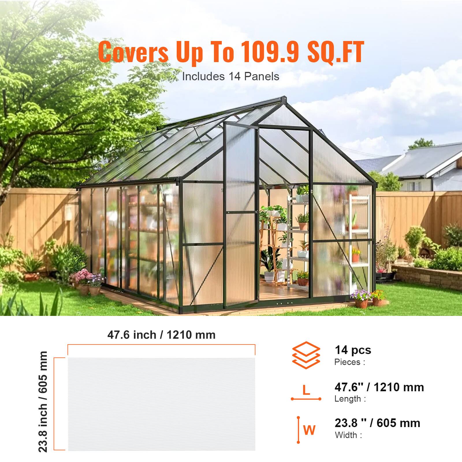 Covers Up To 109.9 SQ.FT  
Includes 14 Panels  
mm 605 I inch 23.8 47.6 inch / 1210 mm  
14 pcs  
Pieces: - L 47.6" / 1210 mm  
Length: - 23.8" / 605 mm  
Width: