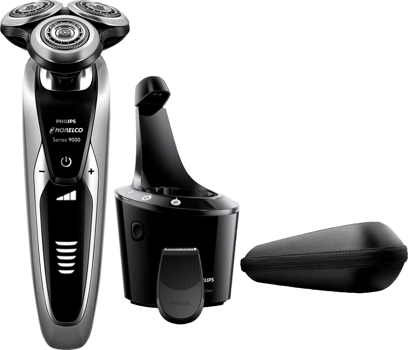 Left View: Philips Norelco 9300 Rechargeable Wet & Dry Electric Shaver with Smartclean, Travel Case, Click-On Precision Trimmer, S9311/84