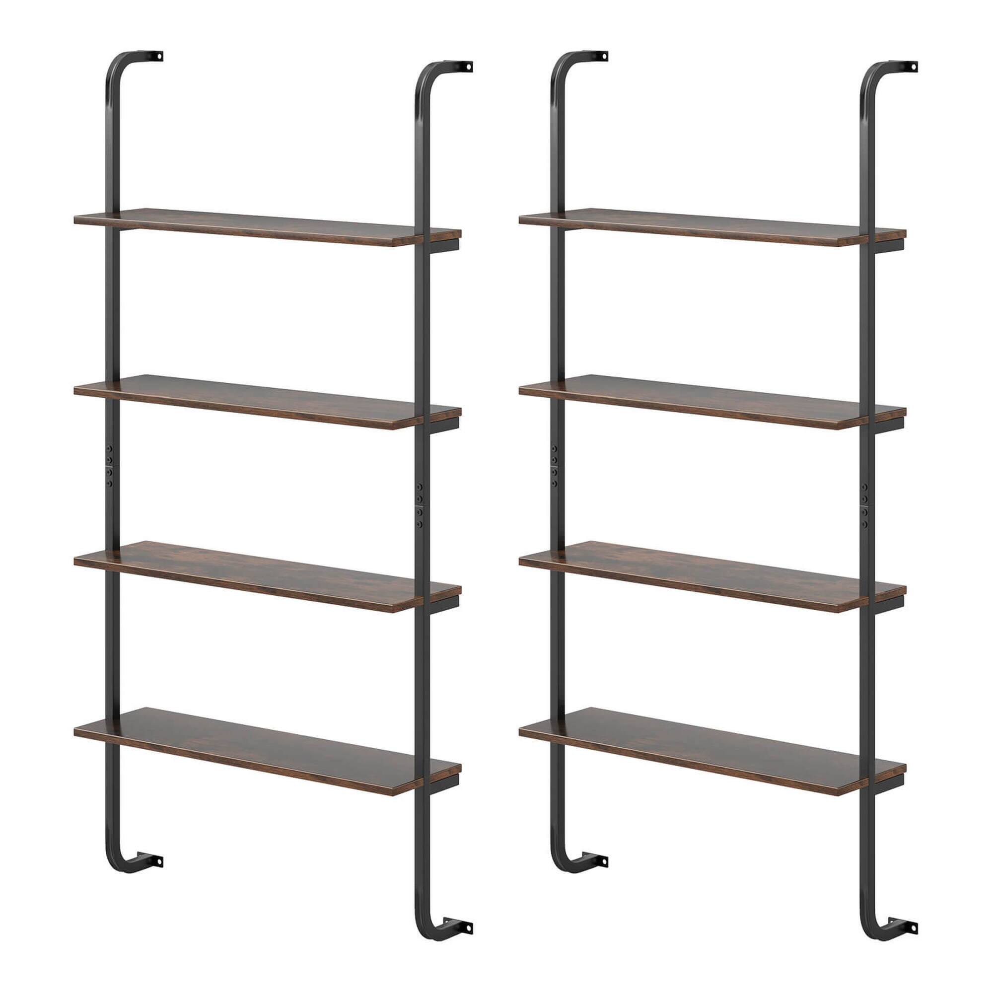 Alt View 9. Costway - Costway 2 PCS 4-Tier Wall-mounted Ladder Shelf Display Bookshelf with Heavy-duty Metal Frame - Coffee & Black.